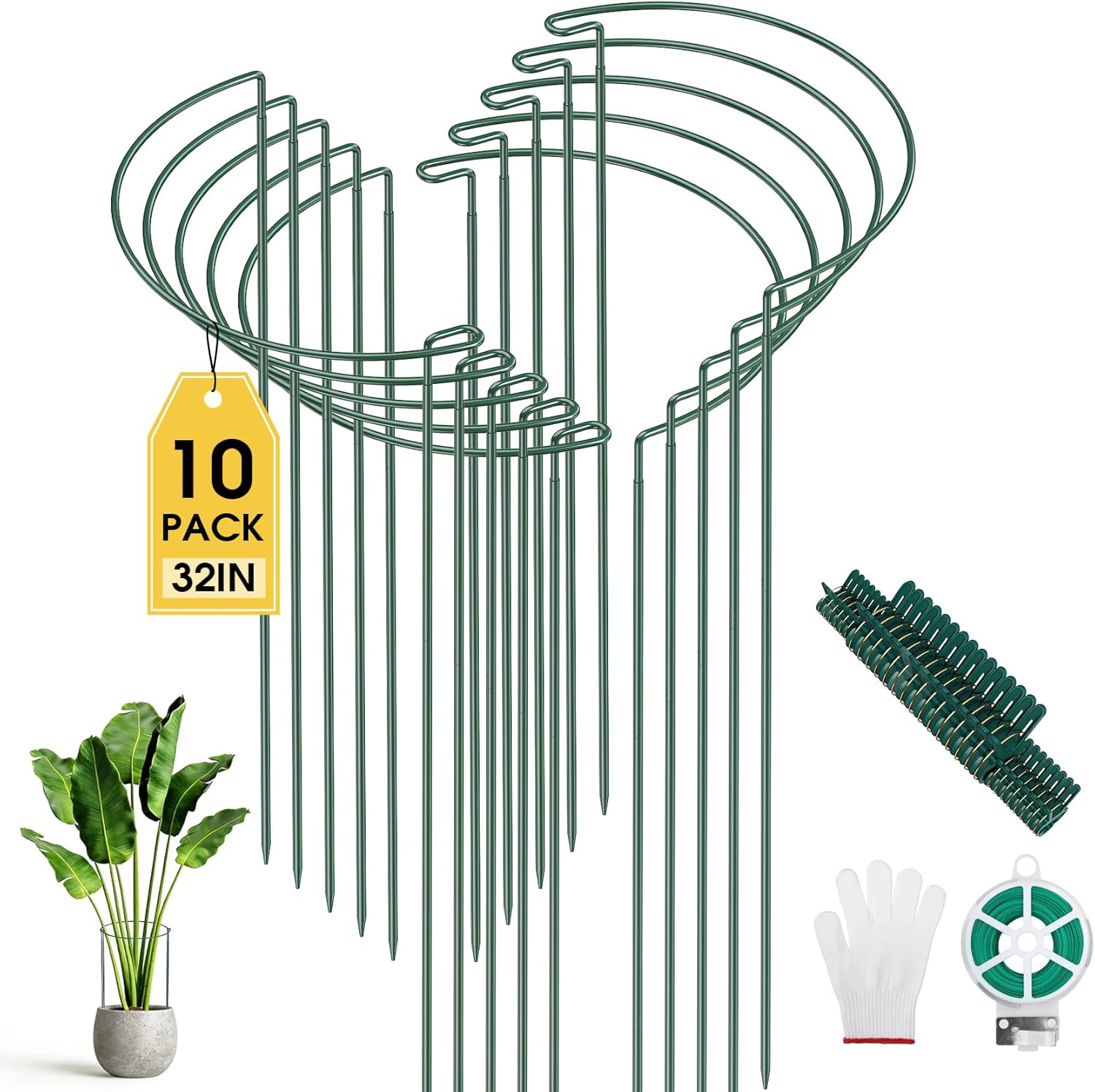 Unves 10 Pack Peony Cage, 13" W x 32" H Half Round Plant Support Stakes, Heavy-Duty Peony Cages and Supports for Outdoor & Indoor Plants, Garden Stakes for Plant Vegetable with Clips, Ties and Gloves