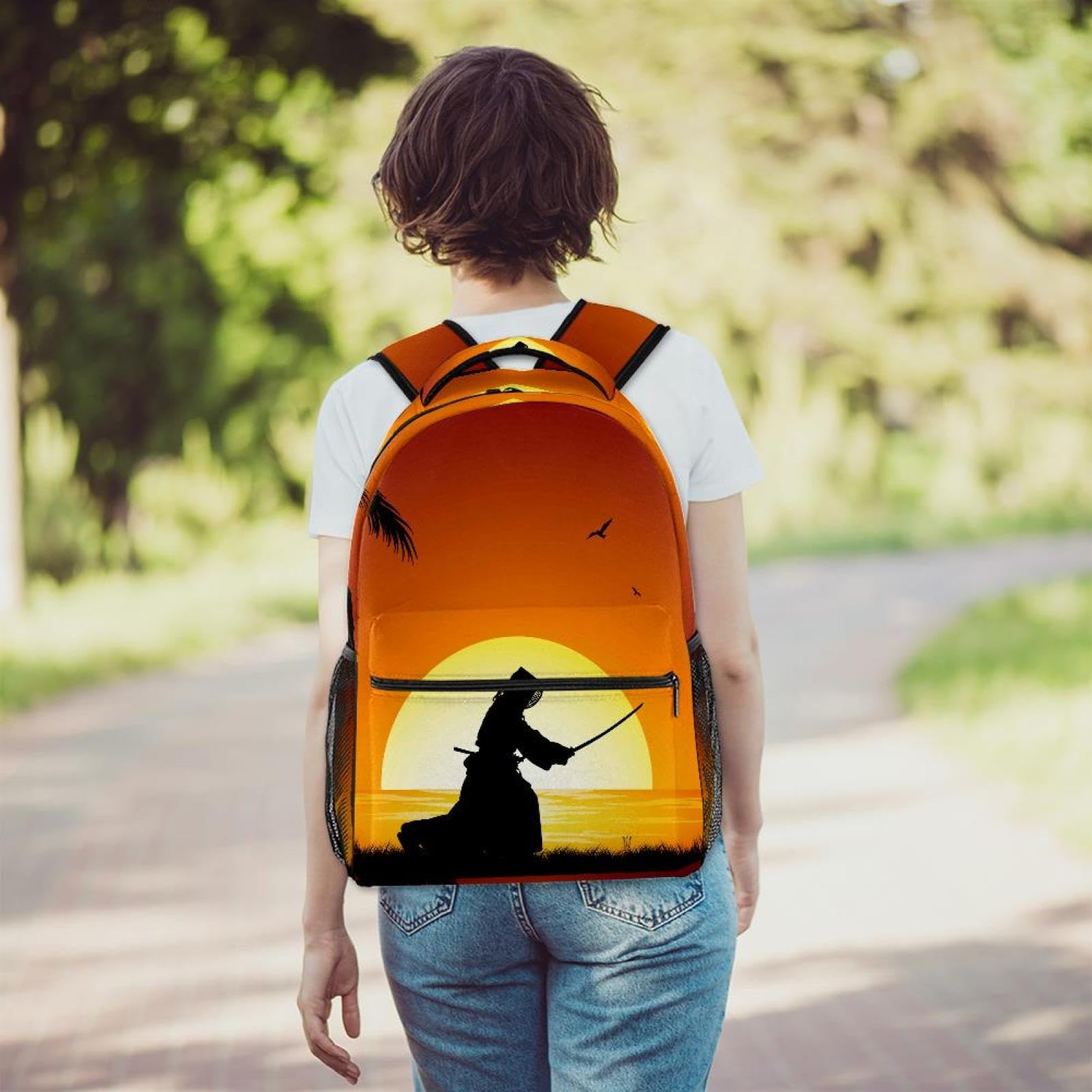 Kendo - Zaino da scuola con motivo spiaggia e sagoma di silhouette, per uomini e donne, borsa da viaggio con scomparti per laptop, leggera borsa per libri scolastici, zaino per scuola media
