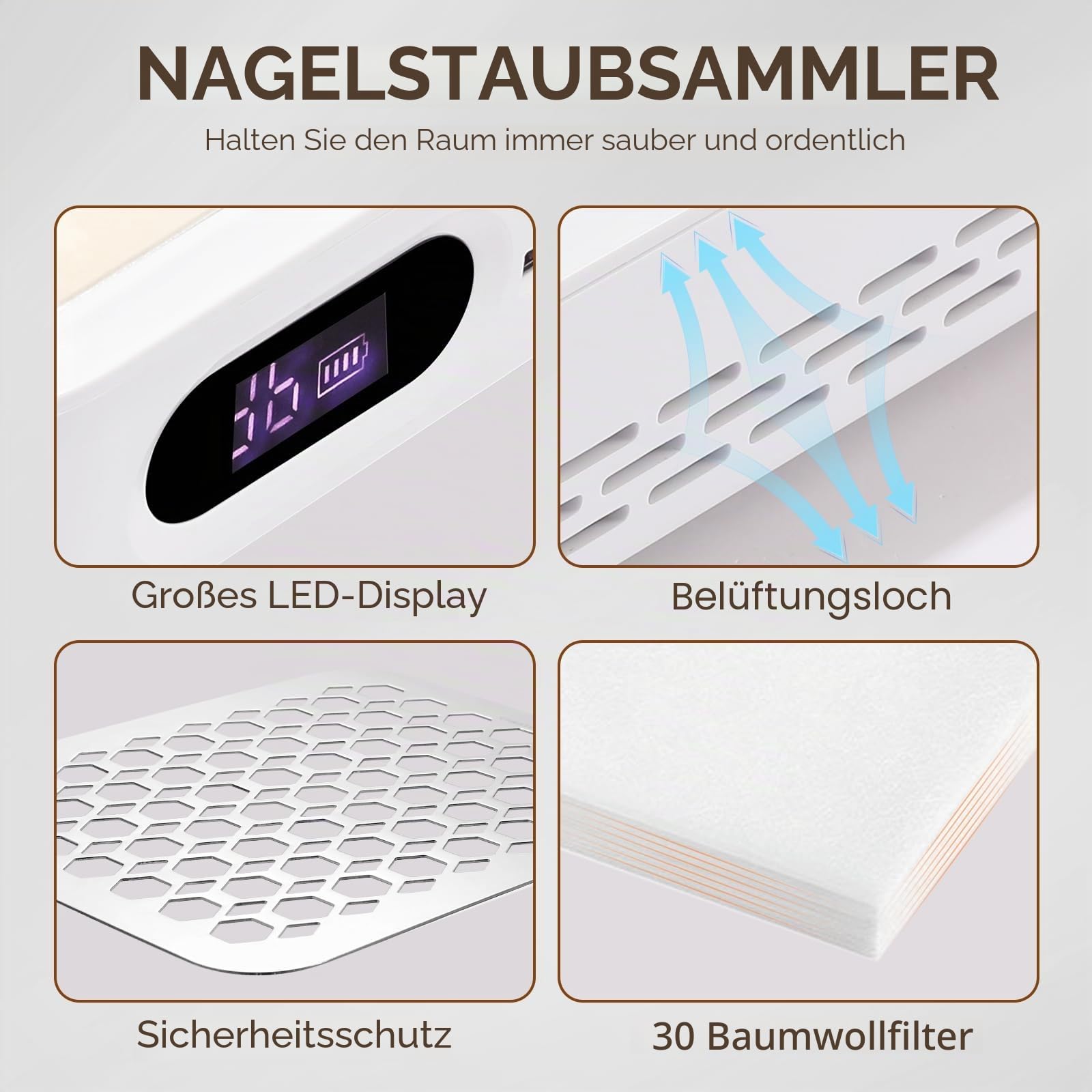 Staubabsaugung für Nägel 800PA, 5500RPM Professionell Akku-Nagelstaubsauger