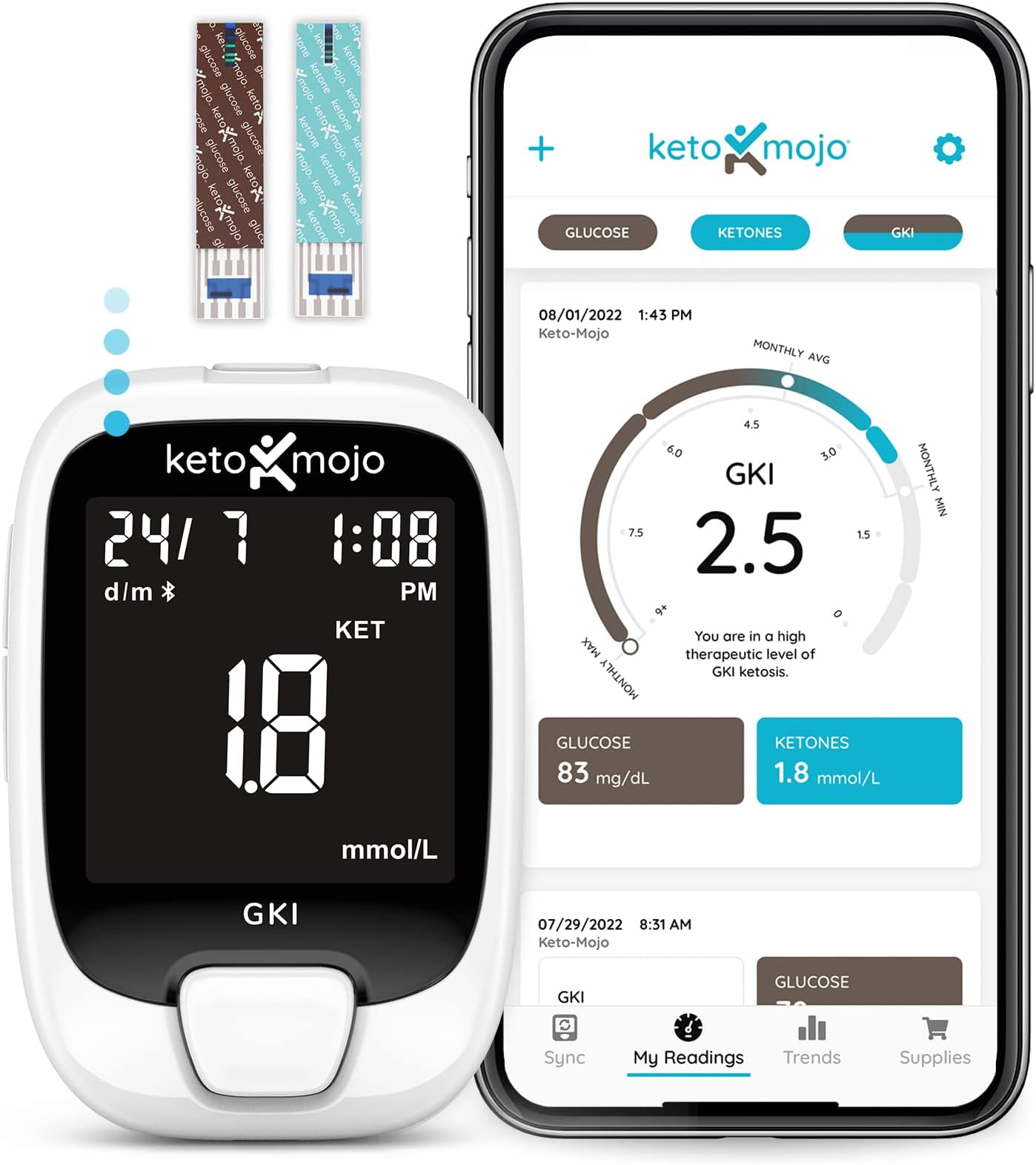 KETO-MOJO GKI Bluetooth Glucose & Ketone Testing Kit (mmol/L) + Free APP for Ketosis & Diabetes Management. 20 Blood Test Strips (10 Each), Meter, 20 Lancets, Lancing Device, and Control Solutions