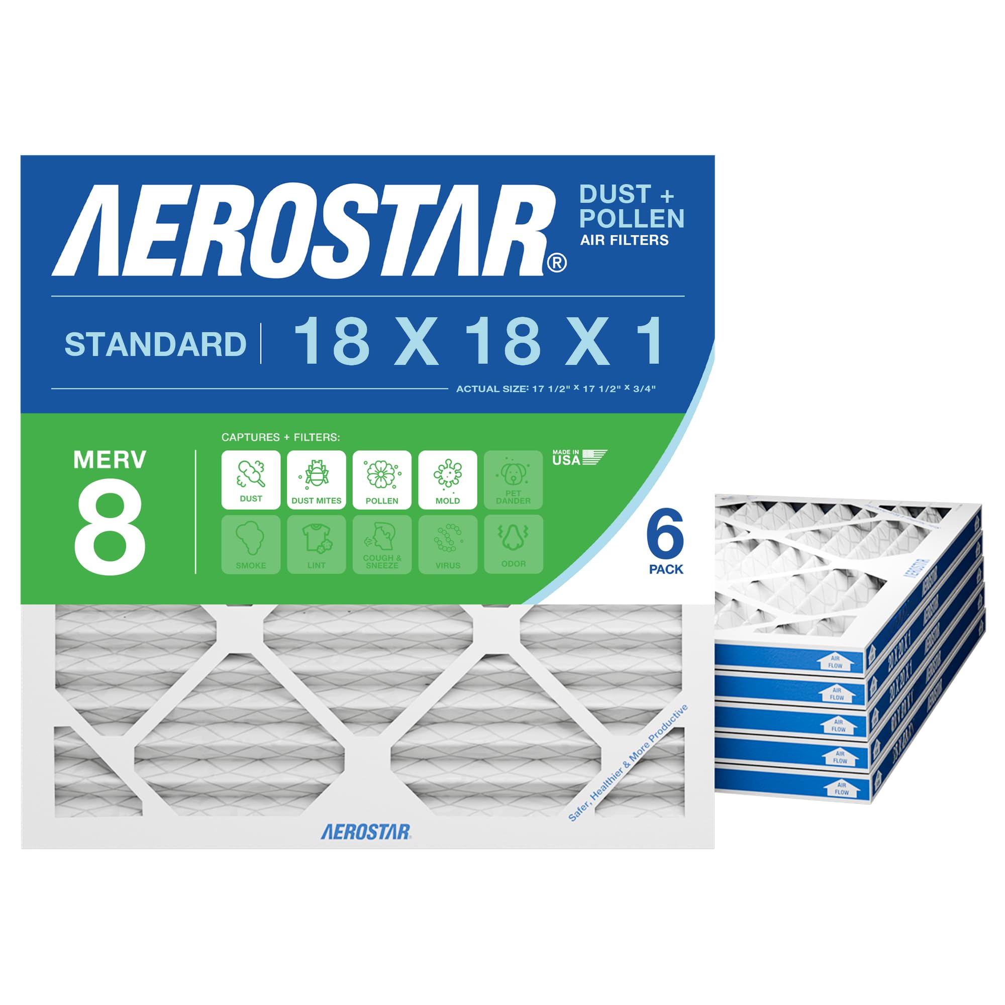 aerostar air filter 18x18x1 merv 8 ac filter, hvac, furnace filter, 6 pack | actual size (17.50 x 17.50 x 0.75) ac filter, hvac, furnace filter captures dust, lint & pollen merv 8 (mpr 600 / fpr 5)