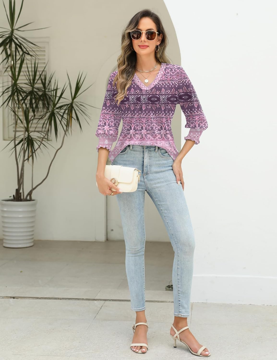 AKEWEI 3/4 Length Sleeve Womens Tops Summer Fashion V Neck Business Casual Blouses Smocked Shirts - Image 4