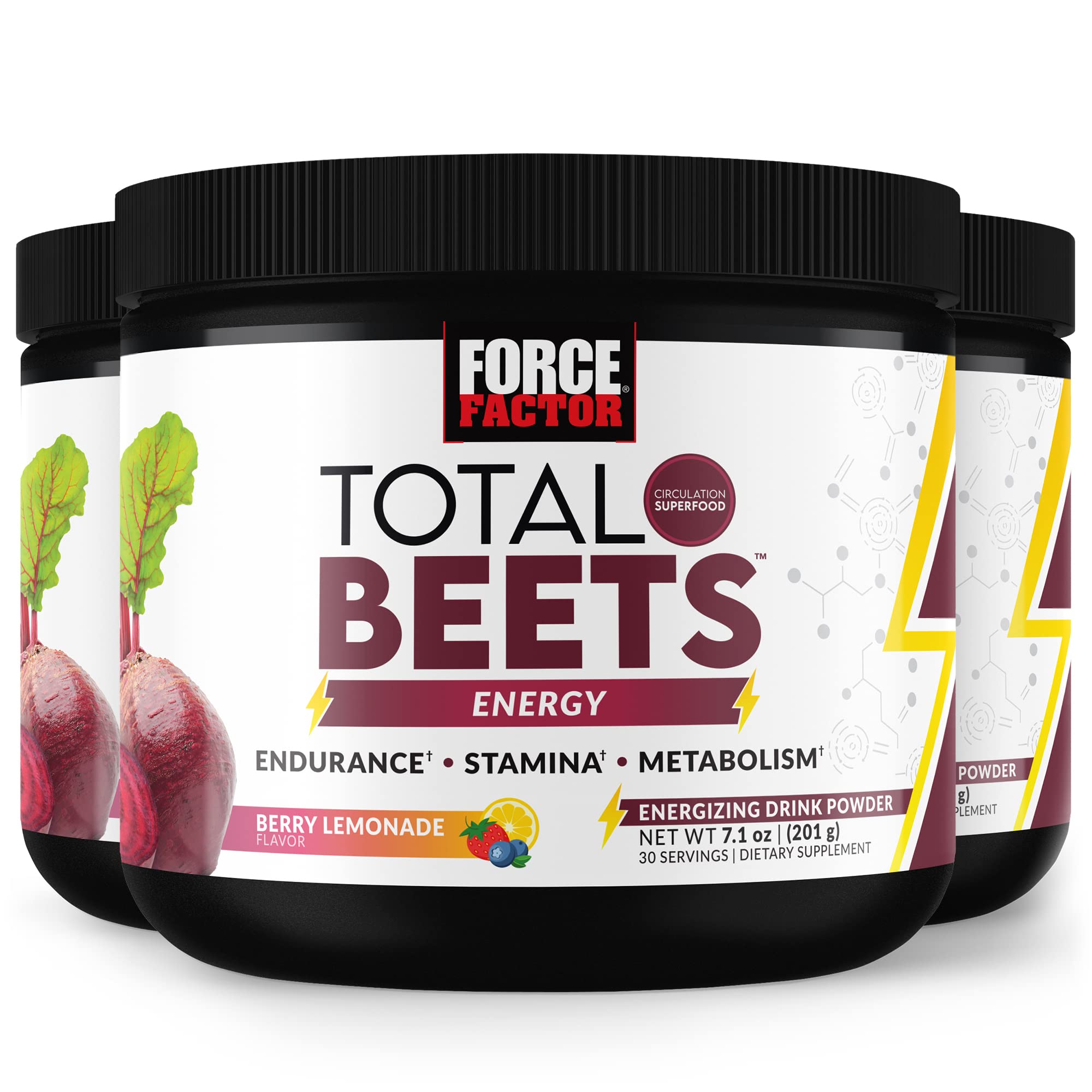 Force FactorTotal Beets Energy Drink Mix 3-Pack, Superfood Beet Root Powder, Nitrates to Boost Energy, Support Circulation, Blood Flow, Nitric Oxide and Stamina, Heart Health Supplement, 90 Servings