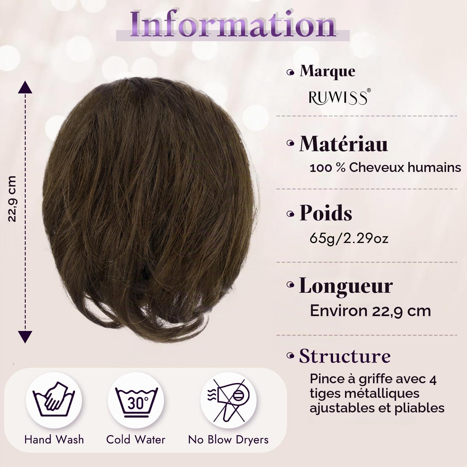 RUWISS Ponytail Cheveux Naturel avec Pince Humains pour Femmes, 22cm Courts Droite Postiche Chignon avec Métaux Malléables Extension Queue de Cheval Cheveux Brun Foncé