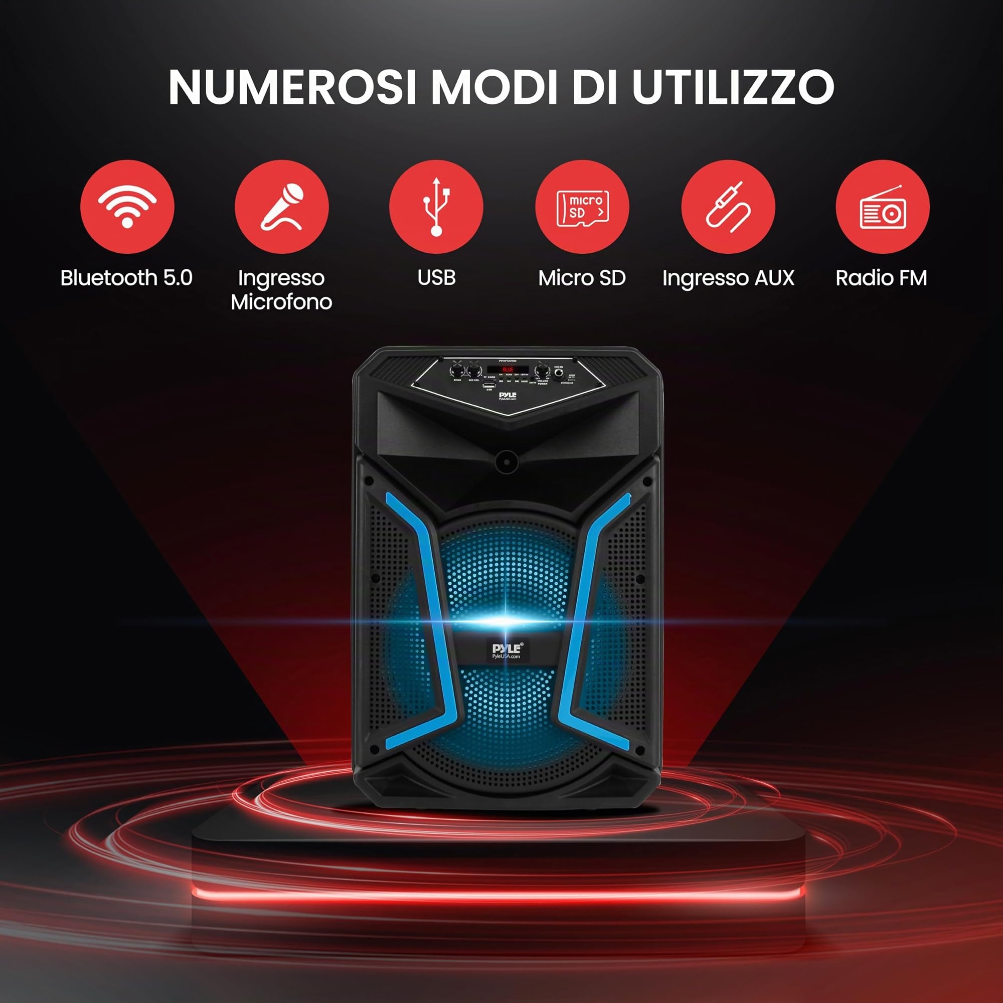 Pyle Cassa Bluetooth, Altoparlante Bluetooth, Speaker PA Portatile 800 Watt da Esterno, Cassa con Ingresso Microfono, Luci per Feste, MP3/USB, Radio FM, con Ruote, Microfono e Telecomando, Nero
