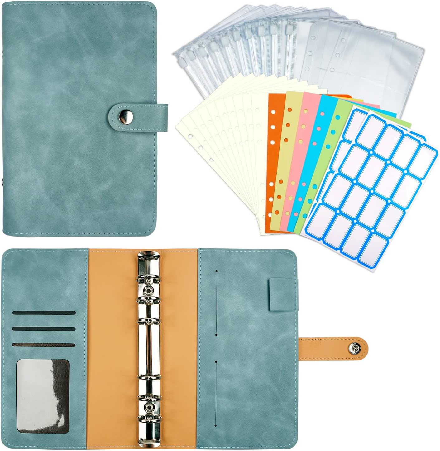 Budget Binder with Cash Envelopes System, A6 PU Leather Notebook Binder with 12pcs Cash Envelope 2 Card Slots & 32 Labels, Budget/Savings Binder with Envelope System,Money Organizer for Cash (Blue）