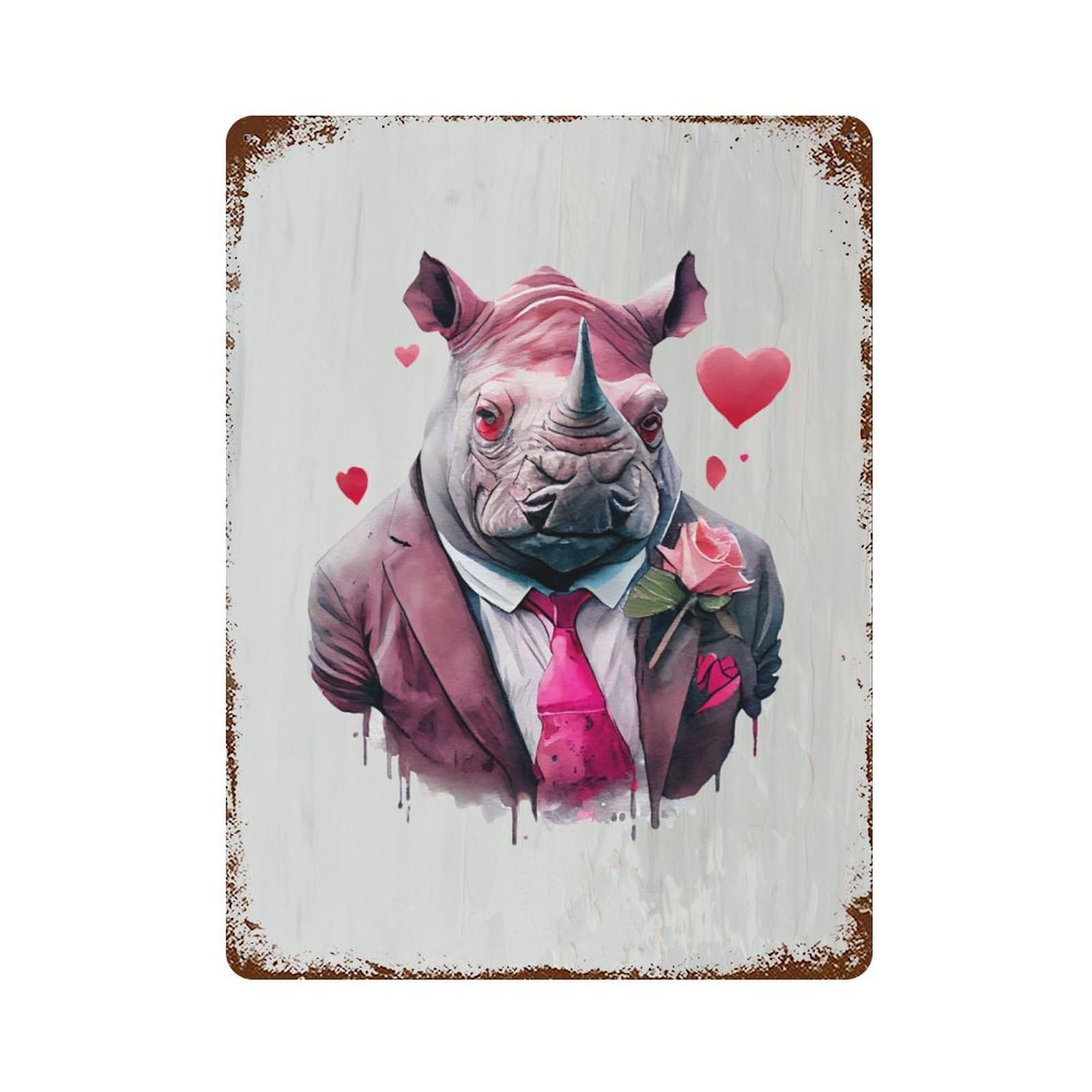 Aged Metal Wall Plaque with Gangster Rhino Funny Design 15.7"x11.8", for Basement, Hobby Room And Garage Decor, Farmhouse Wall Decor