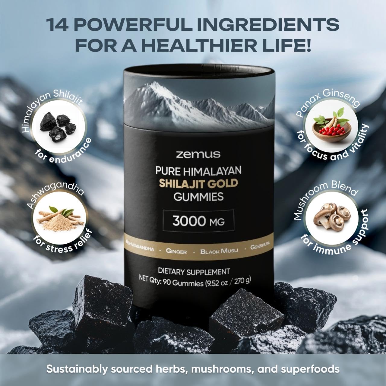Himalayan Pure Shilajit Gummies I Lab Tested I Synergistic Blend of Ashwagandha & 5 Mushroom Complex | Fulvic Acid & 85+, Trace Minerals | for Men & Women (90 Count / 9.52 oz, Gold) - Image 4