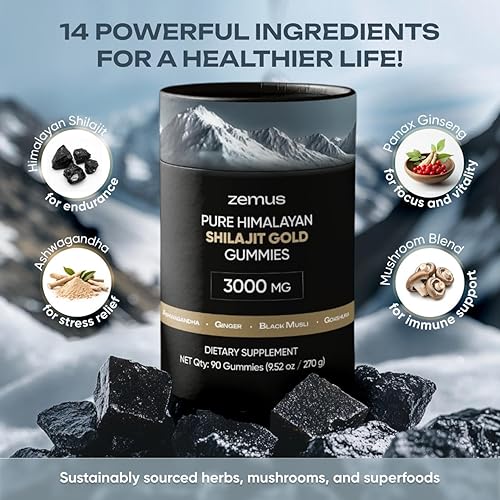 Miniatura 4 de Gomitas Shilajit puras del Himalaya I Lab Probadas I Mezcla sinérgica de Ashwagandha y complejo de 5 hongos Ácido fúlvico y 85+, minerales traza