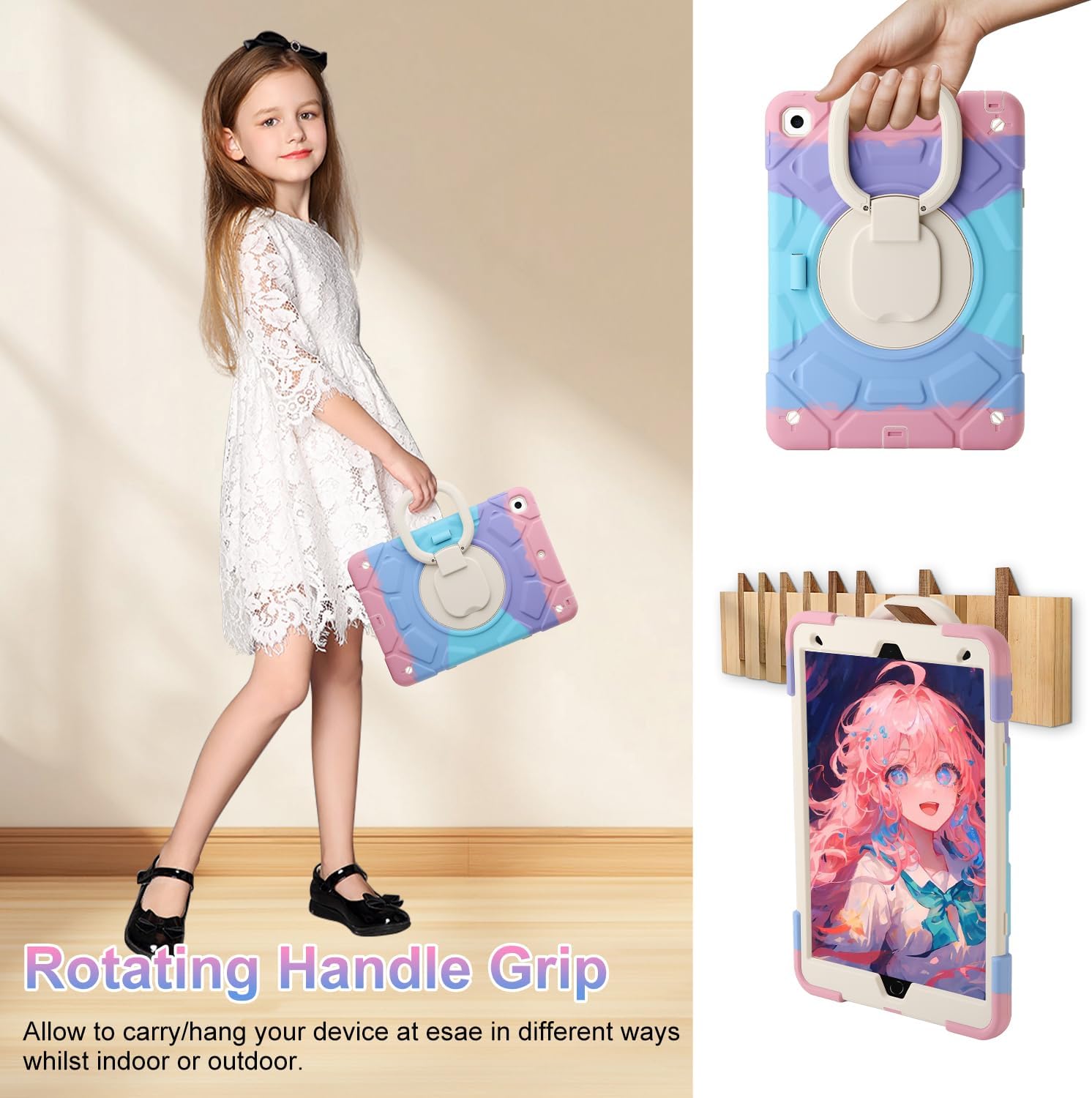 for iPad 9th/8th/7th Generation Case(2021/2020/2019),360°Rotating Handle Stand with[ Pencil Holder&Shoulder Strap] Heavy Duty Shockproof Kids Cover for iPad 10.2 inch (Colorful Pink)