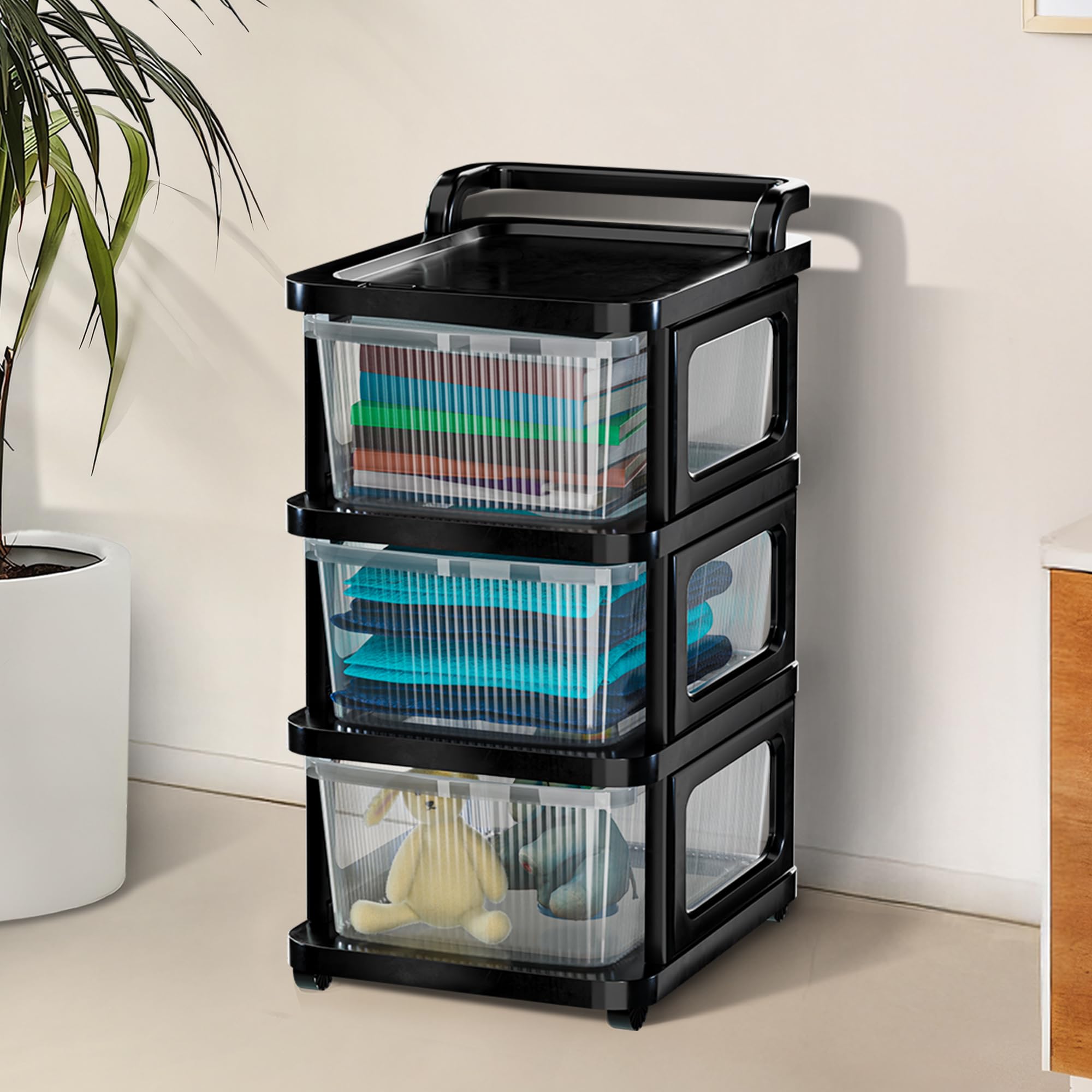 Kuber Industries 3 Layer Heavy Duty Plastic Storage Drawer with Wheels | Modular Cabinet for Bedroom, Office, Home | Chest of Drawers Organiser for Cosmetics, Kitchen items, Toys | Transparent Black-picture-15