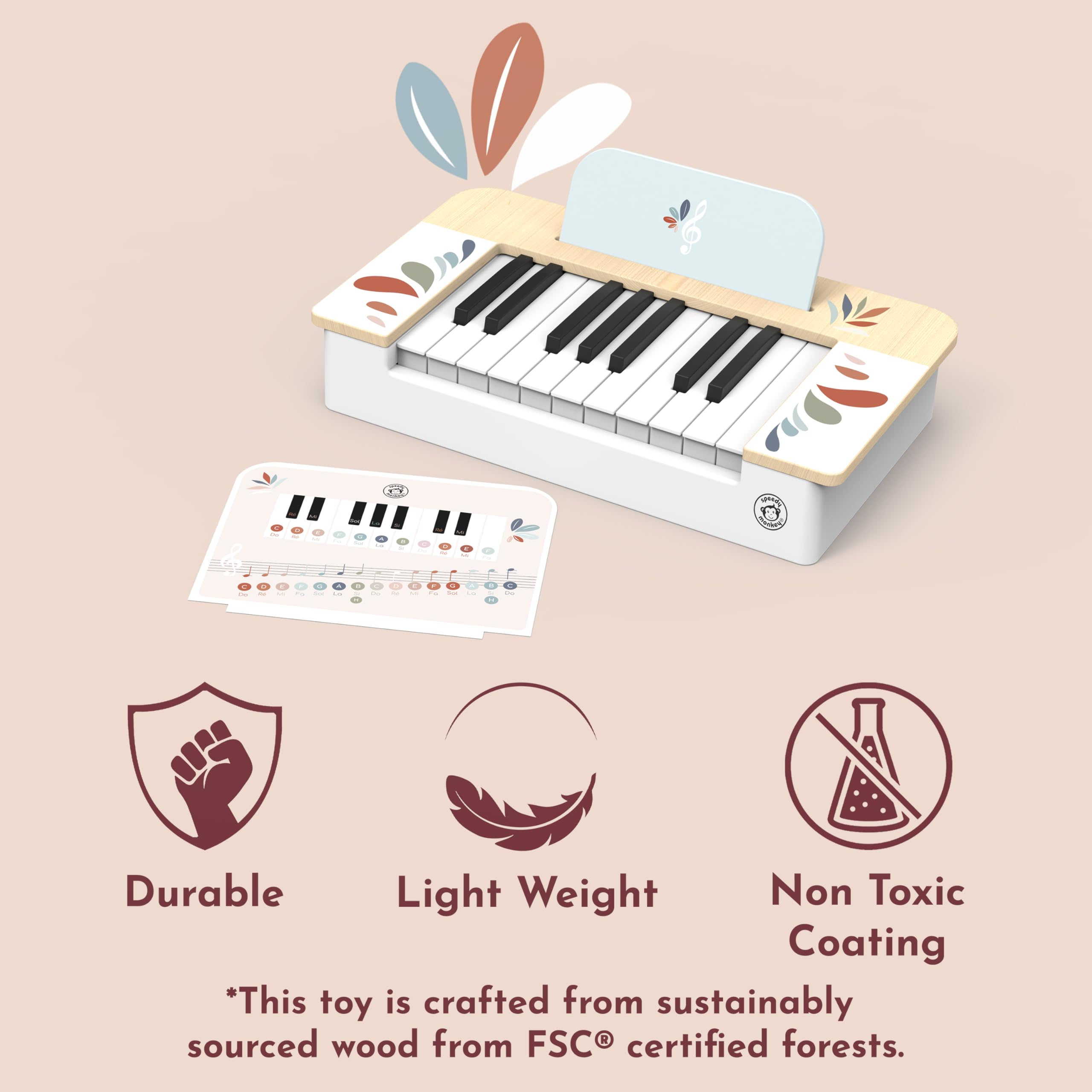 Speedy Monkey Holz Piano Keyboard Spielzeug FSC Zertifiziert ab 3 Jahren | Bunte Tasten, Mini-Tastatur, Kinder-Musikinstrumente, Kleinkind-Musikinstrumente, kreativer Rhythmus, Fingerfertigkeit
