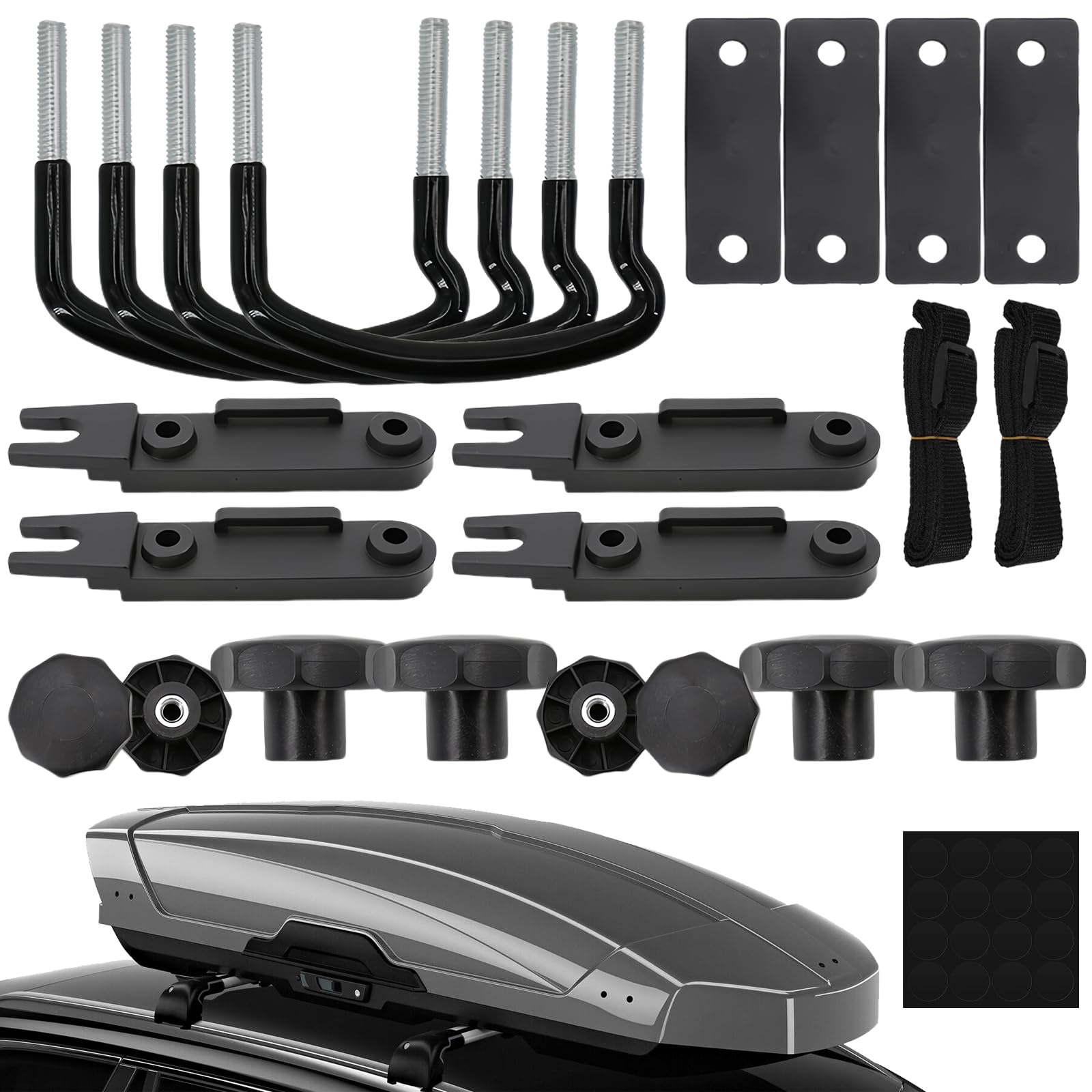 Fixation Coffre De Toit Universelle: WIYETY 4 Pièces Fixations Universelle pour Coffre de Toit, Accessoires pour Coffres De Toit avec 8 Écrous de Blocage et 2 Bandages et Autocollants à Points Ronds