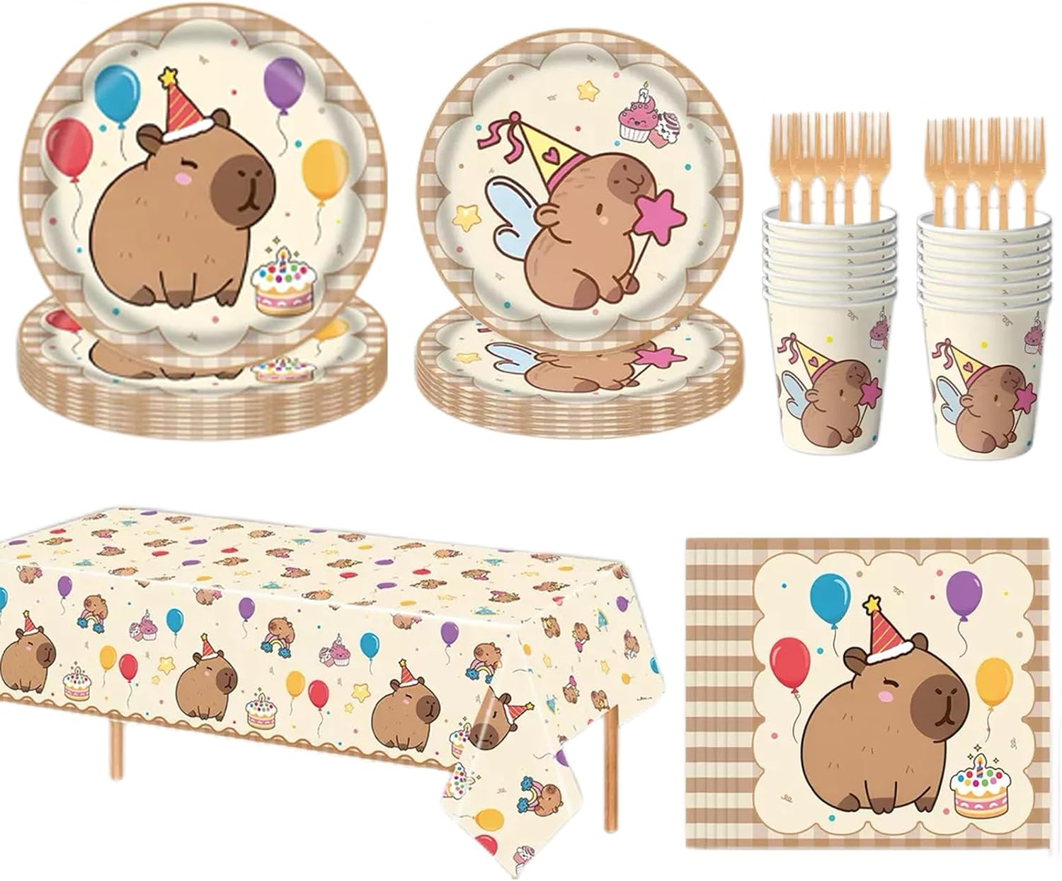 101Pcs Capybara Party Decorations Tableware Set for Boys Girls Kids Birthday Includes Plates tablecloth Napkins Forks Cups Cartoon Capybara Birthday Theme Party Supplies for 20 Guests.
