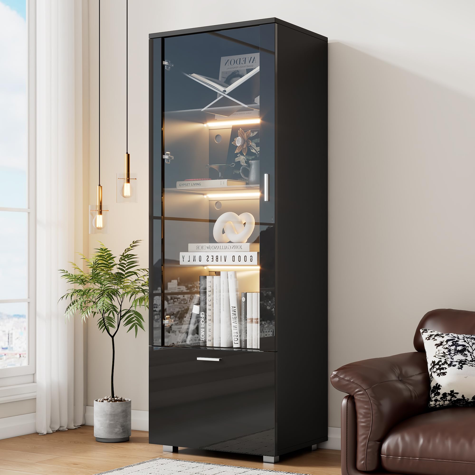 Merax Vitrina con LED, moderna vitrina con 3 estantes, cajón, vitrina brillante para coleccionables, estantería con puerta acrílica, para salón, dormitorio, 50 x 40 x 160 cm, color negro