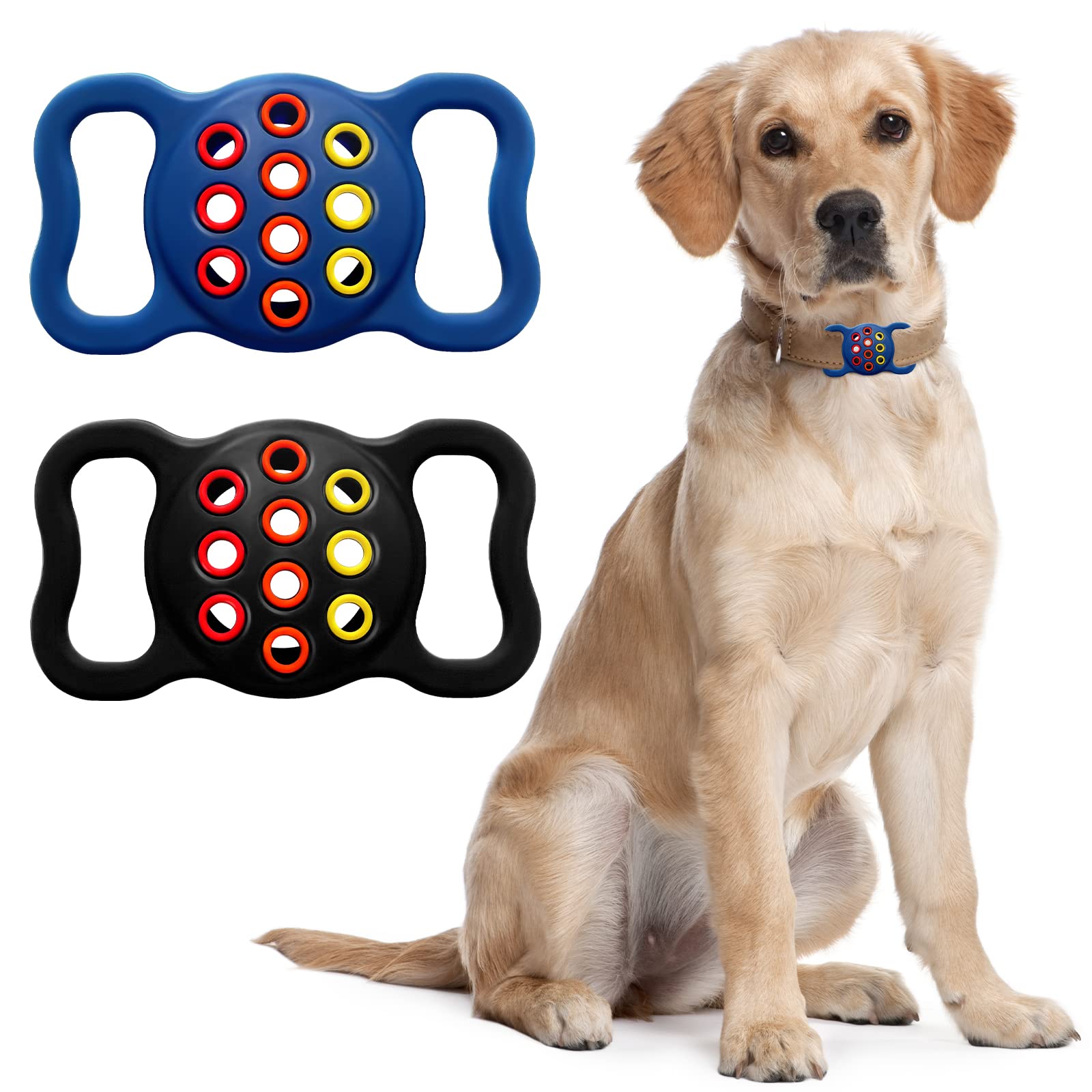 Photo 1 of 2-Pack Airtag Dog Collar Holder, Protective Silicone Air Tag Case Holder for Dog, Airtag Loop for GPS Dog Cat Tracker, Pet Collar Airtag Holder Compatible with Apple AirTag (2 Colors) Black&Blue
