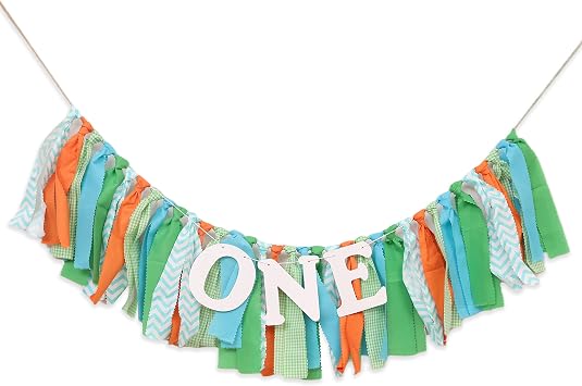 High Chair Banner for 1st Birthday - Highchair Banner for First Birthday Theme Decoration, Cake Smash Photo Prop, Fabric Rag Garland Banner,Guppies, Green, Orange, Rag Tie