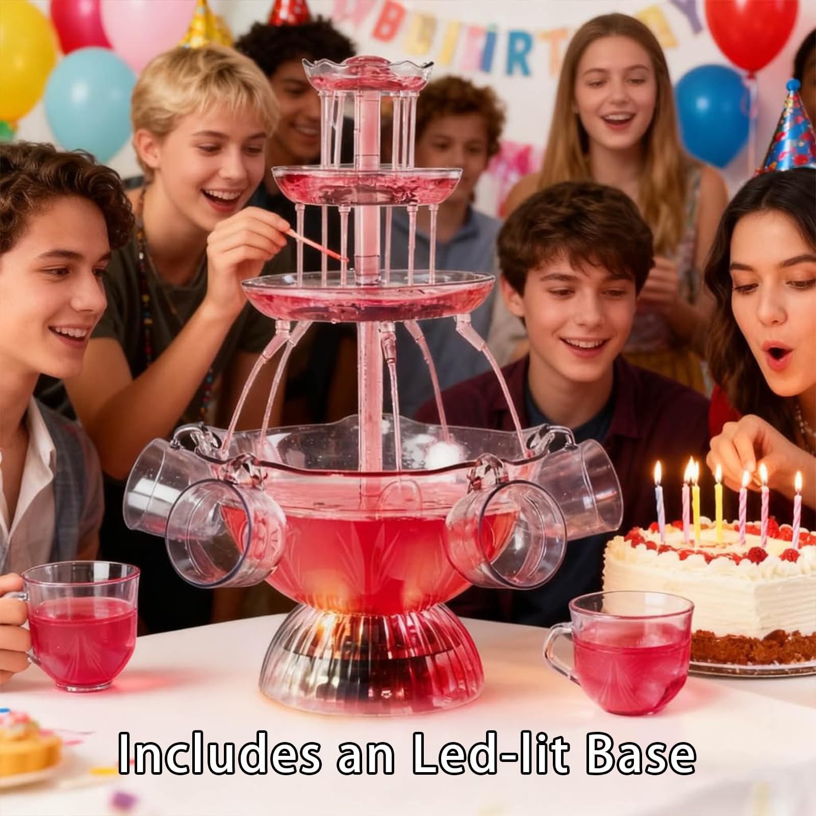 Fuente eléctrica de bebidas de 3 niveles con base LED, dispensador de cóctel y vino tinto, 5 tazas reutilizables para bodas, fiestas, celebraciones, estación de bebidas perfecta
