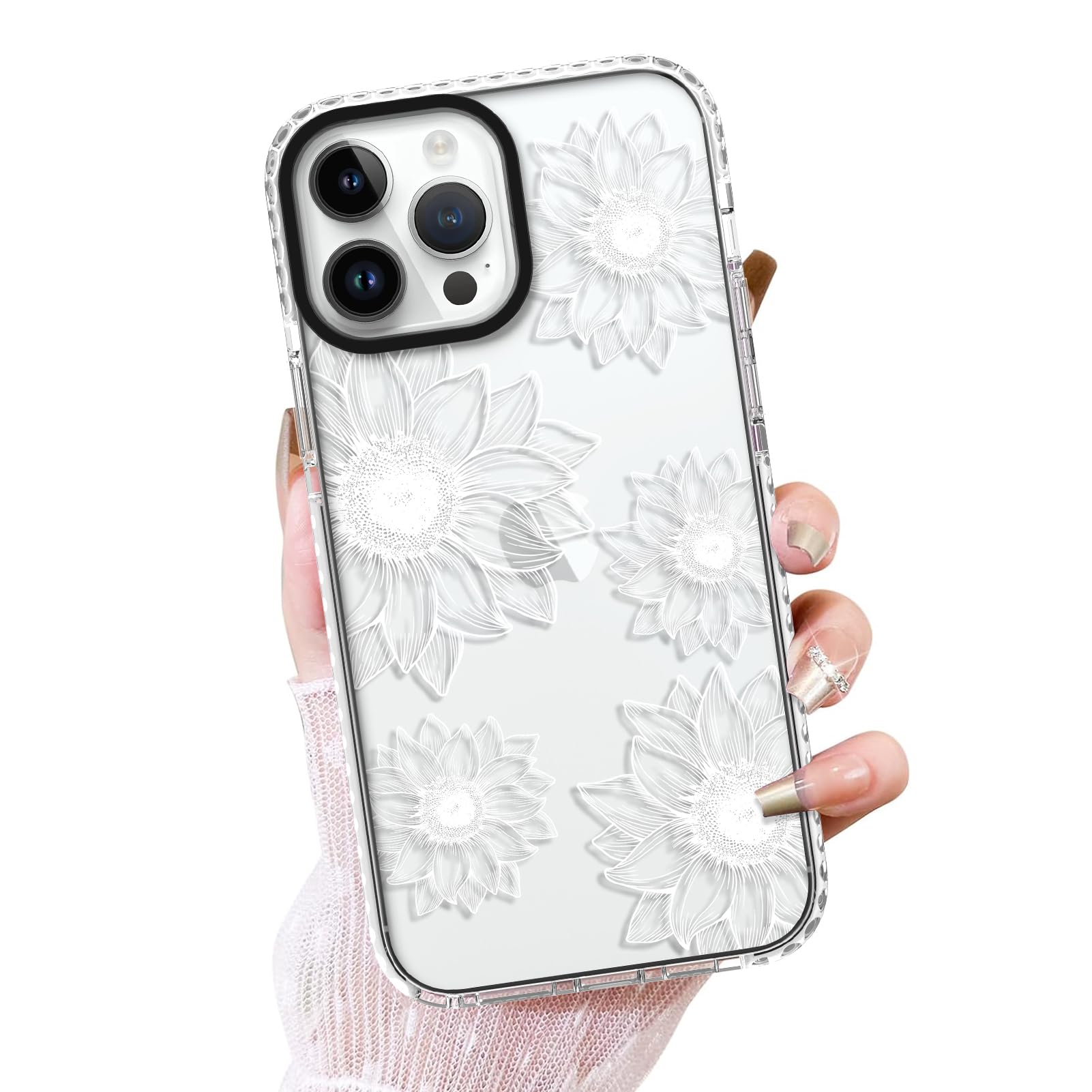 OOK Clear case for iPhone 15 Pro Max, Cute Sunflower Floral Blooms Design Soft TPU Shockproof Protective for Women Girls Slim Phone Cover - White