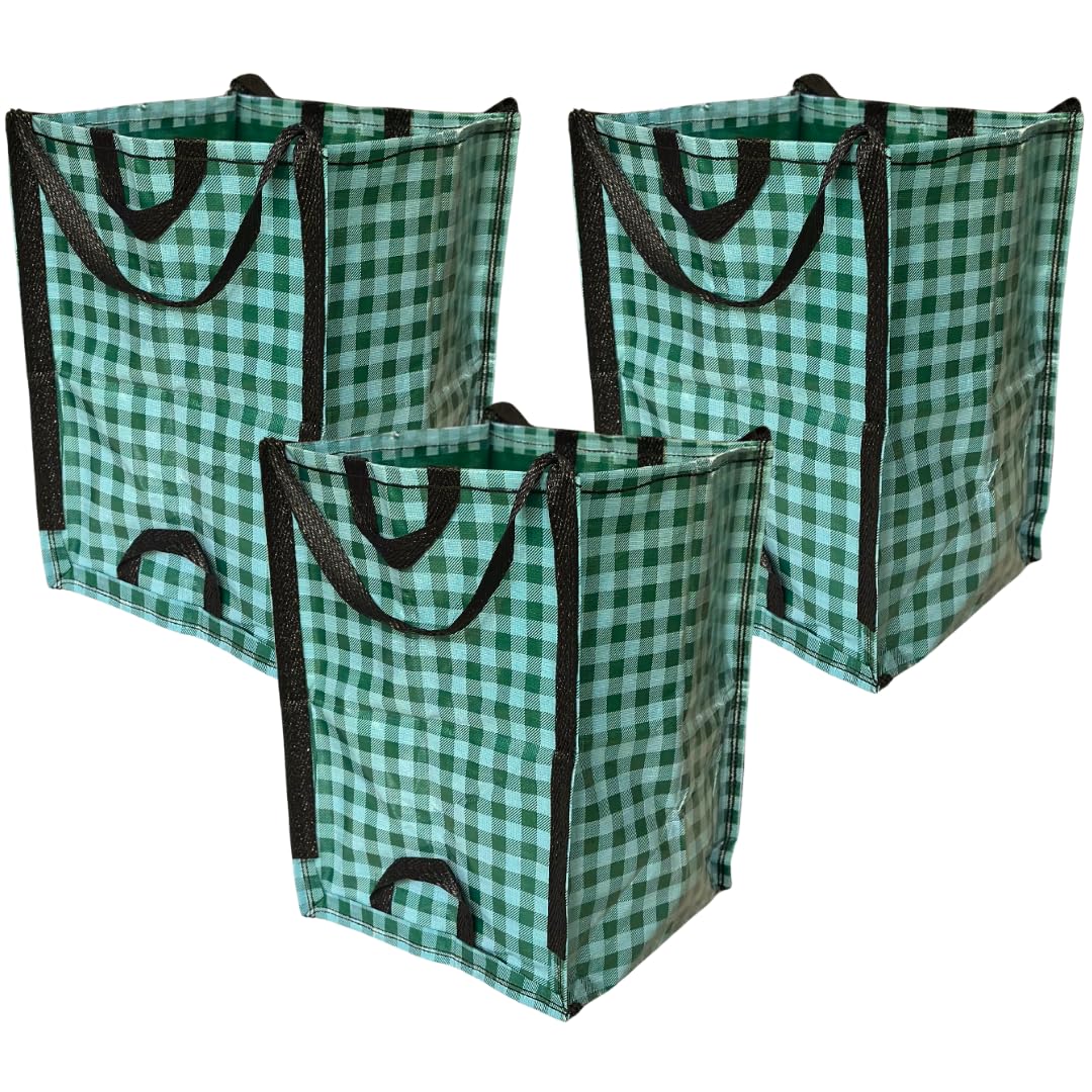 DURASACK Heavy Duty Home and Yard Bags 48-Gallon Reusable Self-Standing Lawn and Leaf Bags Garbage Can with Reinforced Handles, Gingham Green, 3 Pack