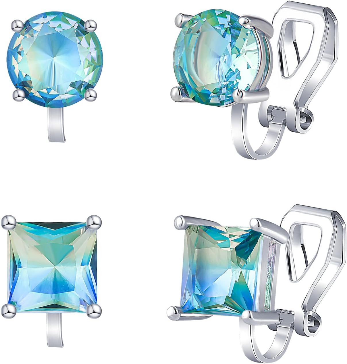 YOQUCOL 2 Pairs 8MM Cubic Zirconia Crystal Clip On Stud Earrings Non Pierced Stud Earrings For Women