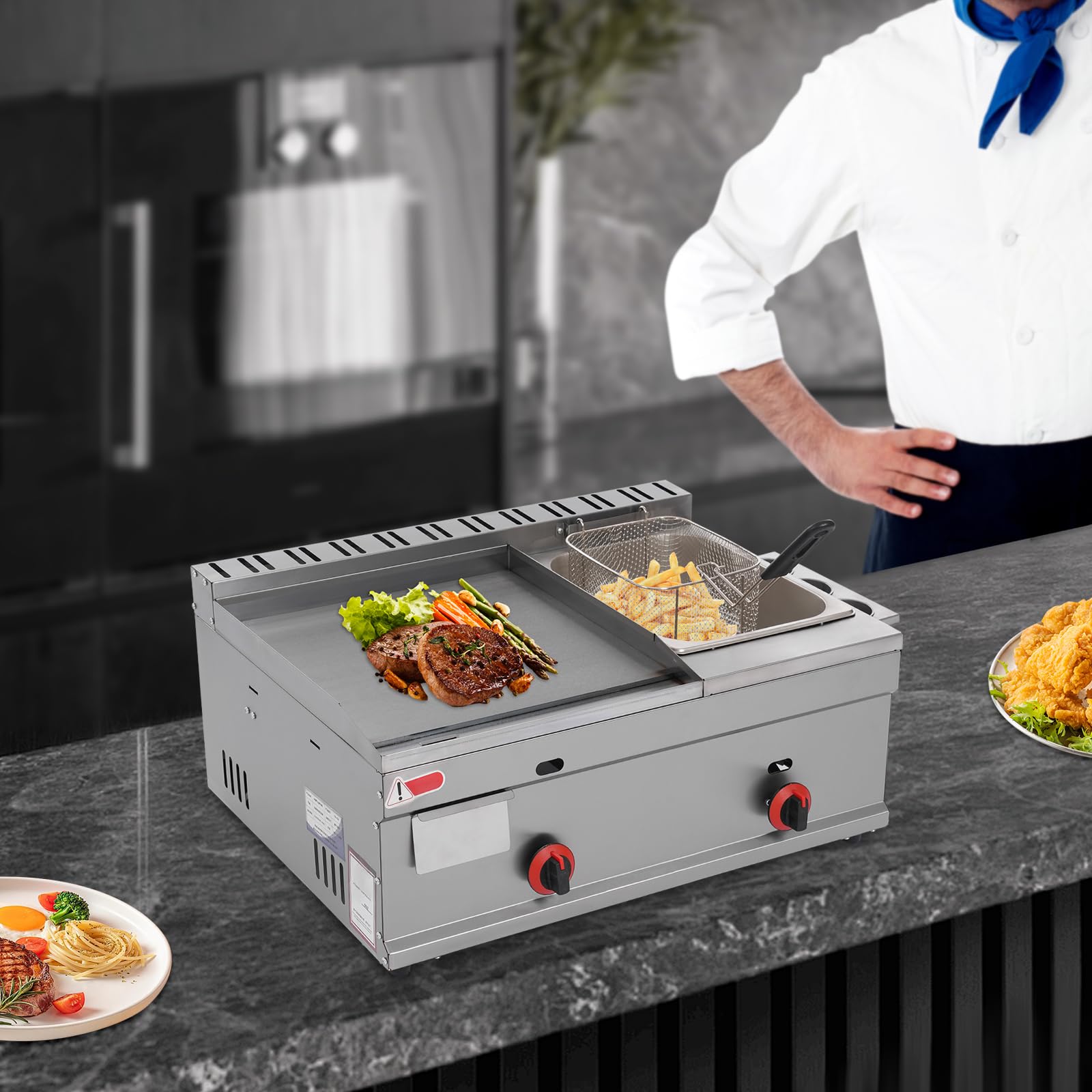 JAYGOVAN Commercial Propane Deep Fryer, 6L Stainless Steel Gas Propane Flat Top Grill Griddle with Removable Basket, Stainless Steel Countertop Fryer W/Temperature Control for Restaurant and Home Use