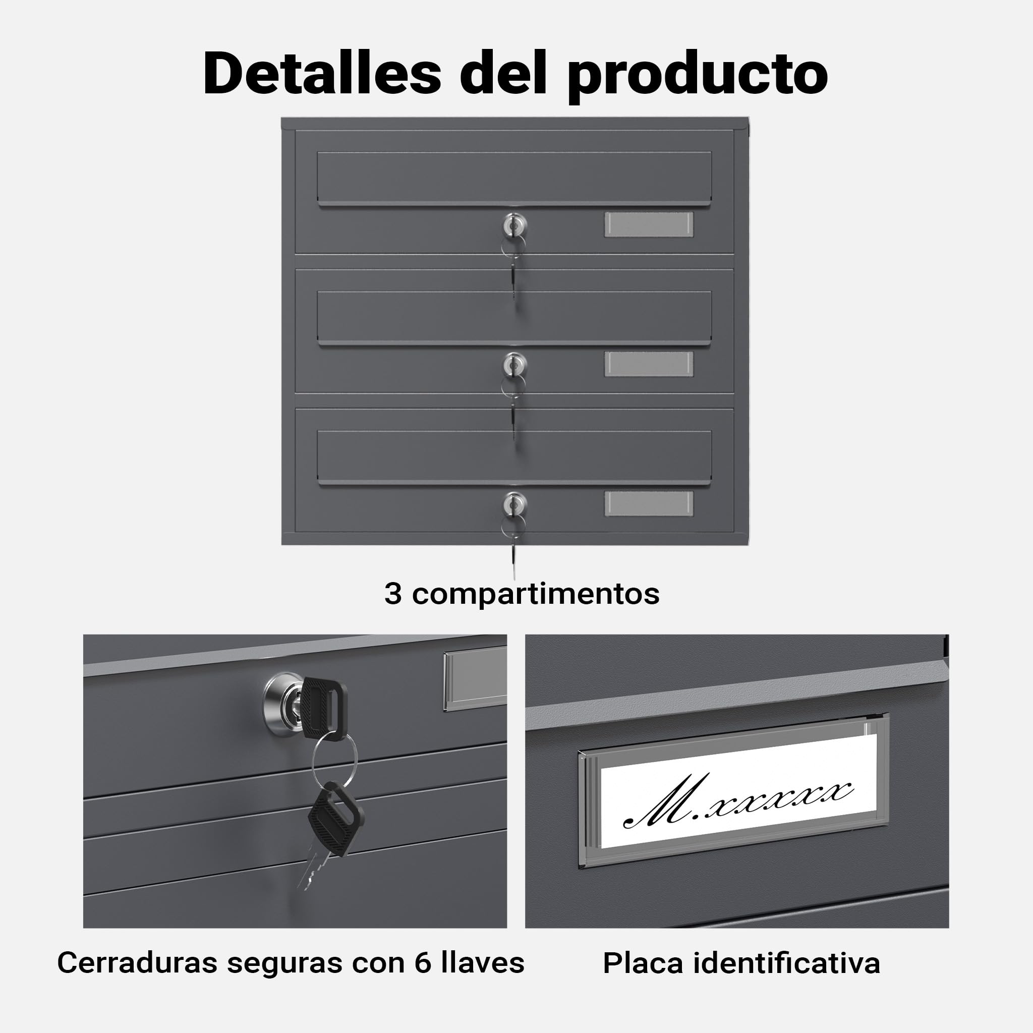 Wiltec Sistema de 3 buzones Color Antracita Acero galvanizado Resistente a la Intemperie con cerraduras de Cilindro y Llaves instalación Independiente Espacio Amplio para Cartas y Paquetes pequeños