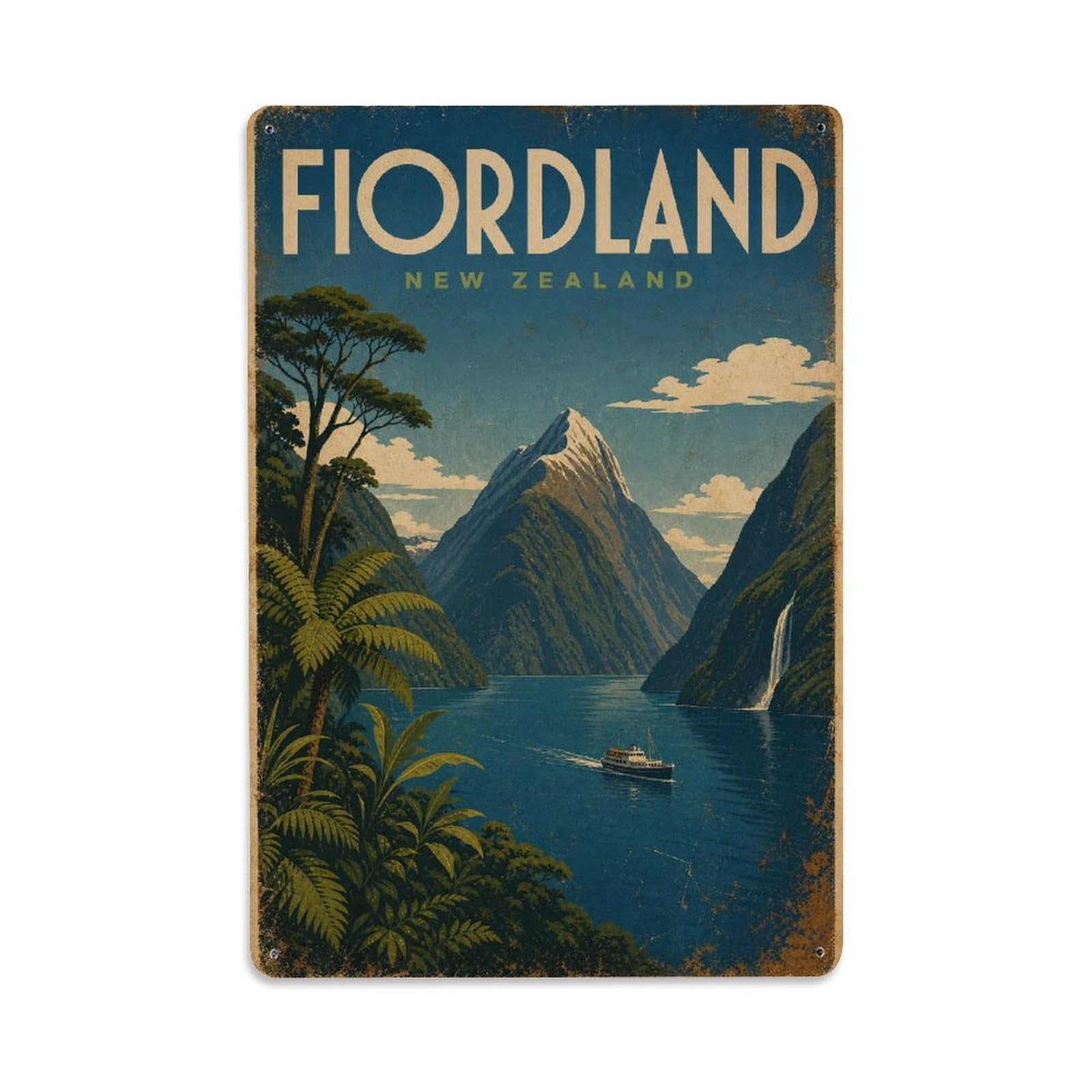 Metal Tin Sign Travel Retro New Zealand Fiordland