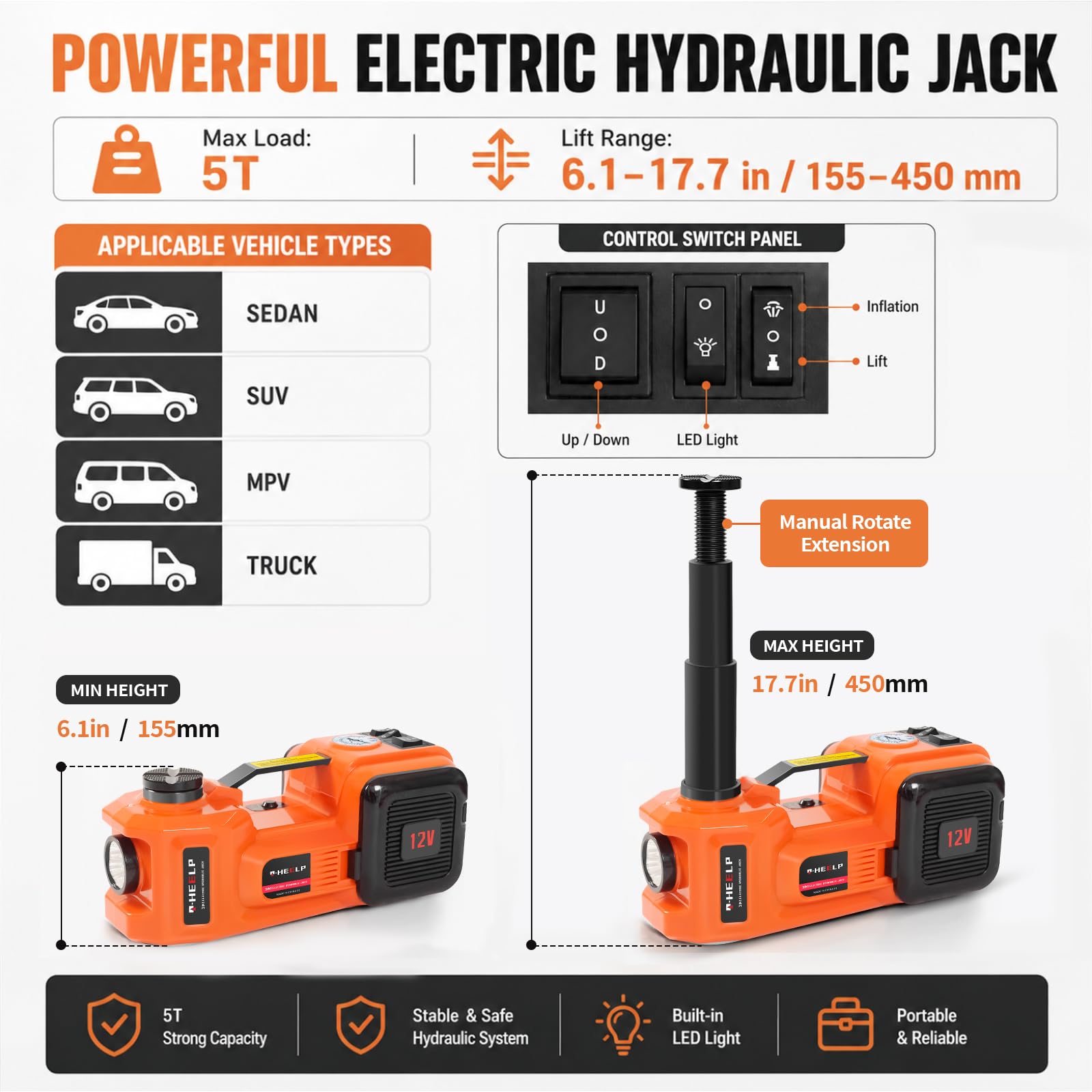 E-HEELP Kit cric elettrico idraulico per auto, 5 tonnellate, 12 V, sollevatore (portata di sollevamento: 6,1 ~ 45 cm) con avvitatore elettrico per SUV, monovolume, berlina, camion, cambio pneumatici