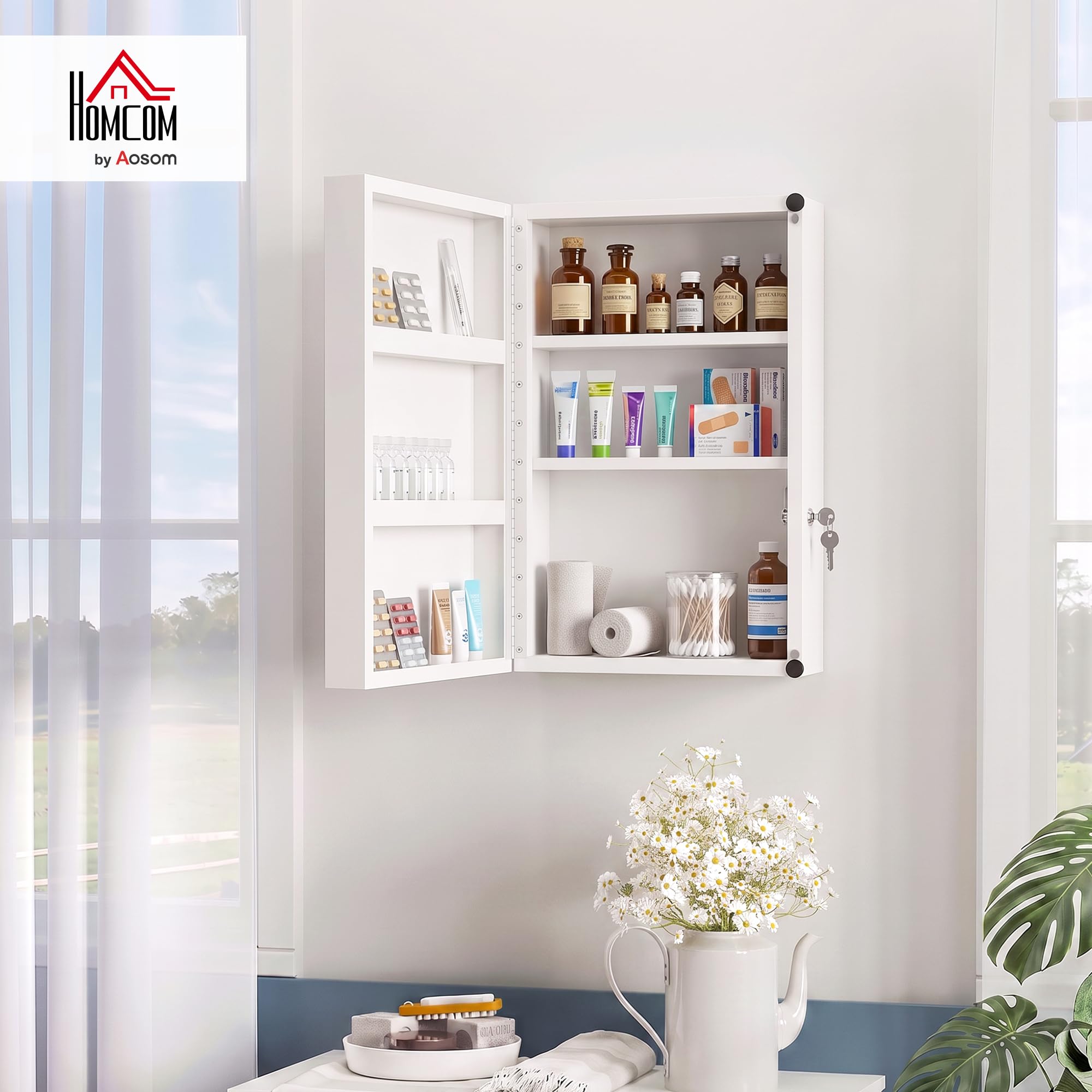HOMCOM Armoire à pharmacie avec 6 étagères en acier verrouillable 40 x 18 x 60 cm Blanc