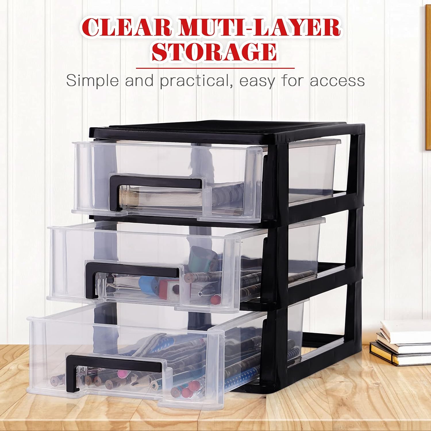 BESPORTBLE Three-Layer Storage Rack Organizer Furniture Plastic Drawer Type Closet Storage Cabinet Multifunction (Black and Transparent)