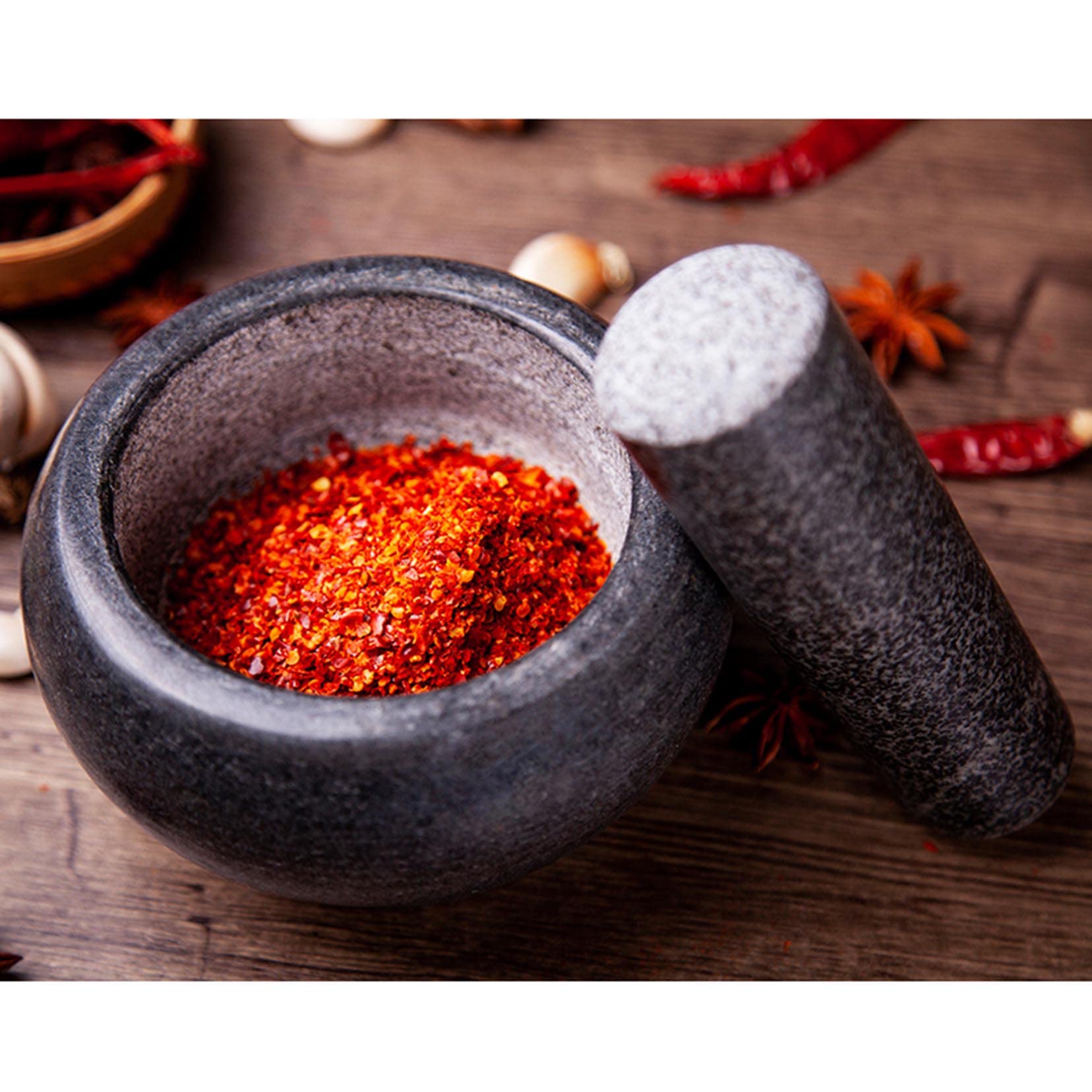 RUHEN Juego de mortero y Maja de Granito, Molinillo Manual, Molinillo de Hierbas y Especias, triturador de Pastillas, mortero y Maja macizos pulidos para moler Hierbas, Especias y Hacer Guacamole