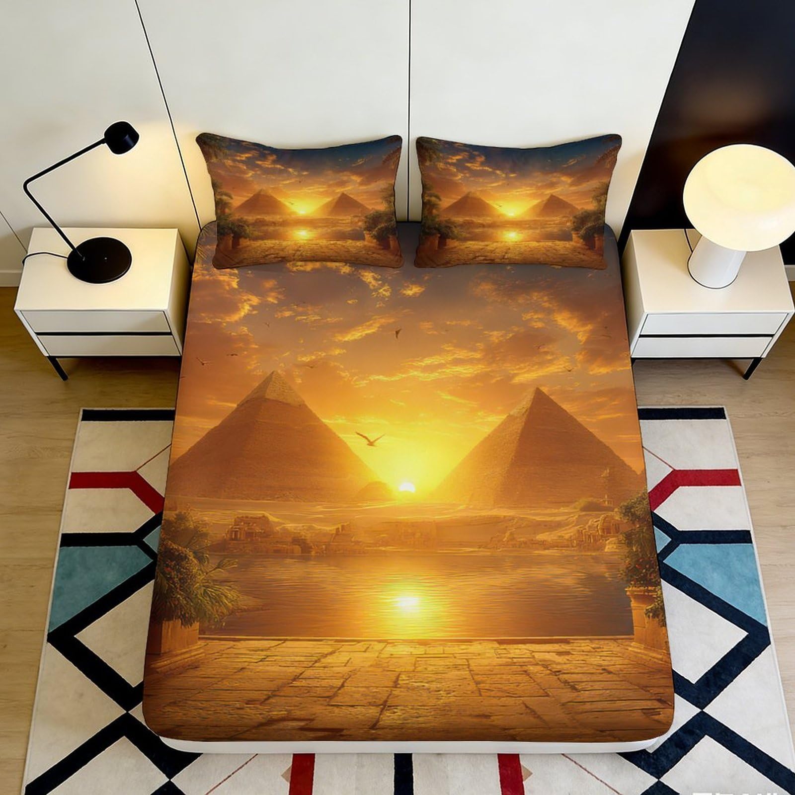 Zfldkwgb Style-7 3D Printed Golden Pyramid Sunset Fitted Sheet Microfiber Soft Bed Sheet Sunrise Mattress Cover Home Decor 90X200x25cm