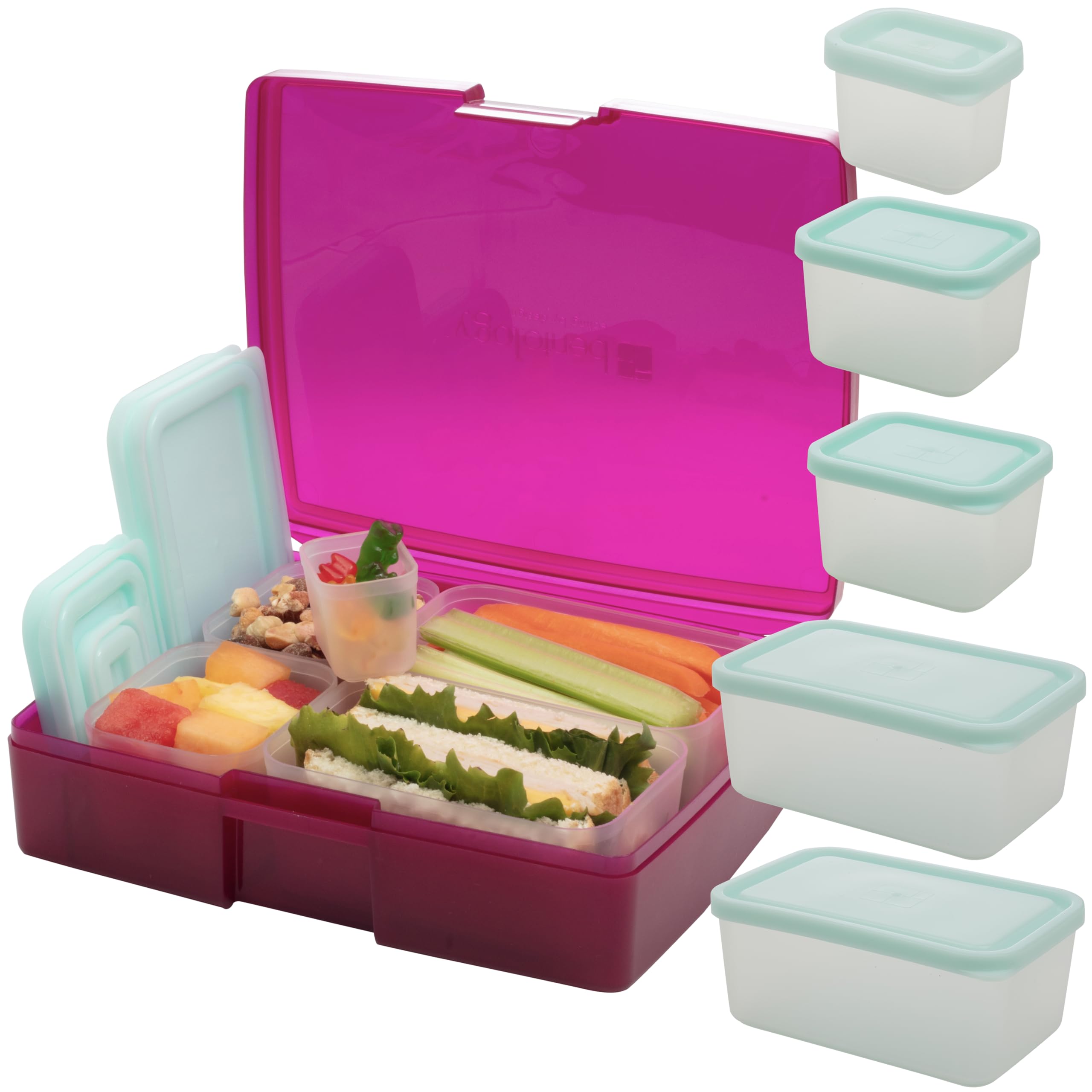 Bentology Bento Lunch Box Set w 5 Leakproof Made-to-Size Snack Containers & Built-In Utensil Holder- Meal Prep Made Easy w Reusable, Kid's Back to