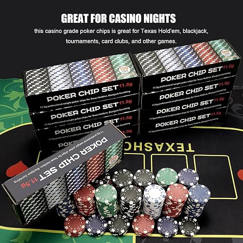 Vista 7 de 100 fichas de póquer profesional con caja de almacenamiento, juego de fichas de póquer de casino de 5 colores, fichas de póquer de casino compuestas