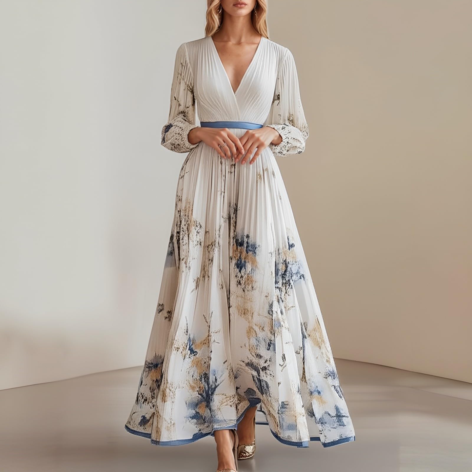 Robe de soirée élégante pour mariage, robe de cocktail trapèze pour femme, robe en mousseline de soie, col en V, robe maxi d'été taille haute, robe florale, robe de cocktail, robe d'été décontractée