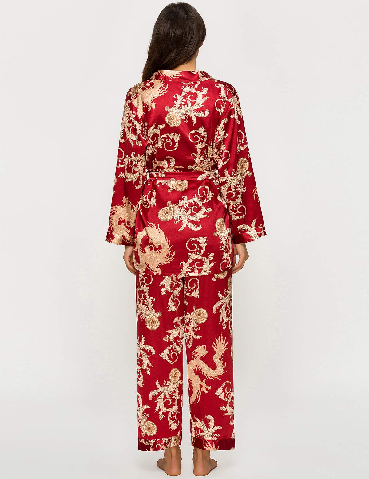 Escalier Ensemble de Pyjama 3 pièces en Satin de Soie pour Femme - Motif Floral Soyeux - Vêtement de Nuit Caraco avec Peignoir et Pantalon, Vin, M