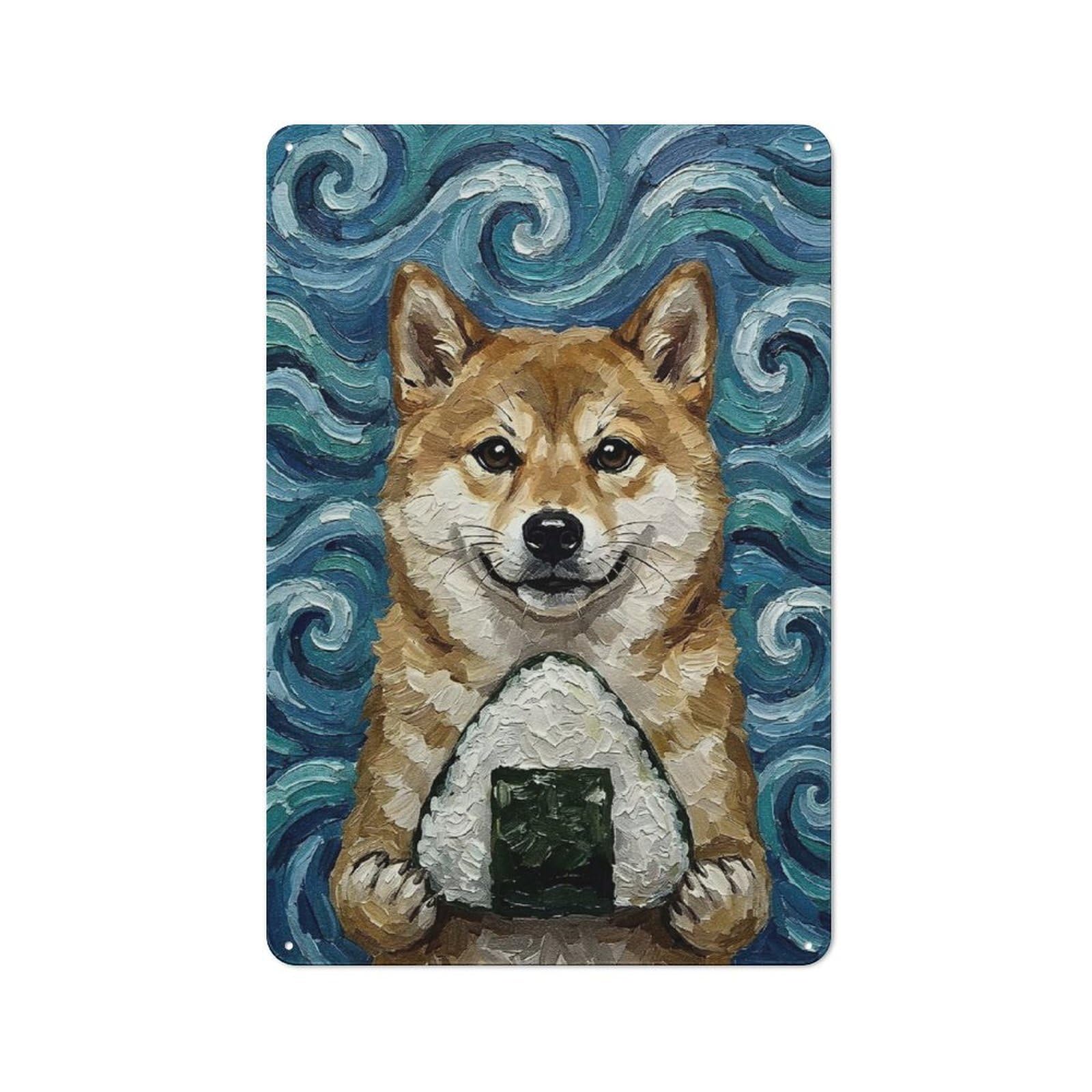 Country Style Shiba Inu with Onigiri Painting Decorative Metal Sign 30x20cm, Bistro Wall Plaque for Restaurant, Kitchen, Counter Or Breakfast Nook