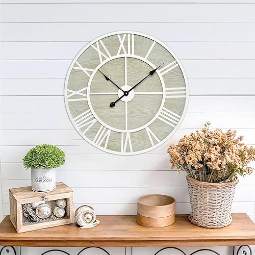 Miniatura 3 de Reloj de pared de madera de 24 pulgadas con marco de metal blanco y números romanos, elegante decoración del hogar, movimiento de cuarzo silencioso,