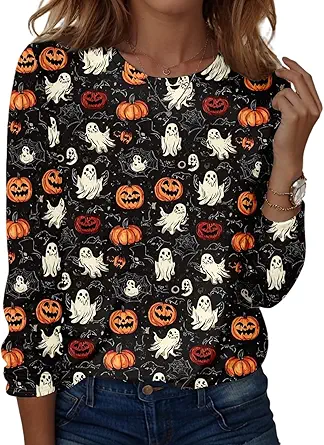Halloween Shirts for Women Long Sleeve Plus Size Fashion Crewneck Comfortable Tshirts Halloween Costumes for Women