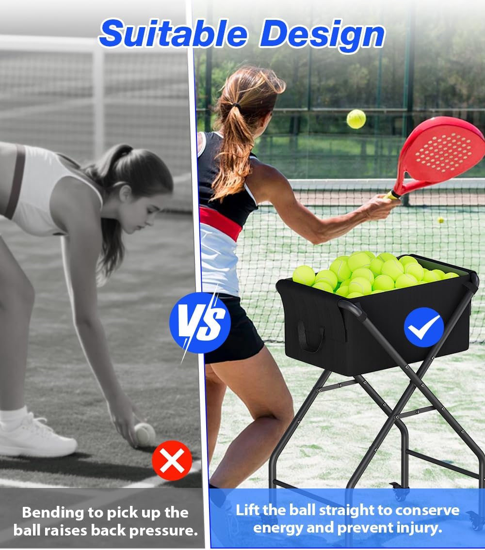 Tennis Ball Hopper Cart Holds 175 Tennis Balls or 140 Pickleballs, Portable Pickleball Collector Caddy with Wheels, Foldable Baseball Basket Holder for Court Training & Coaching