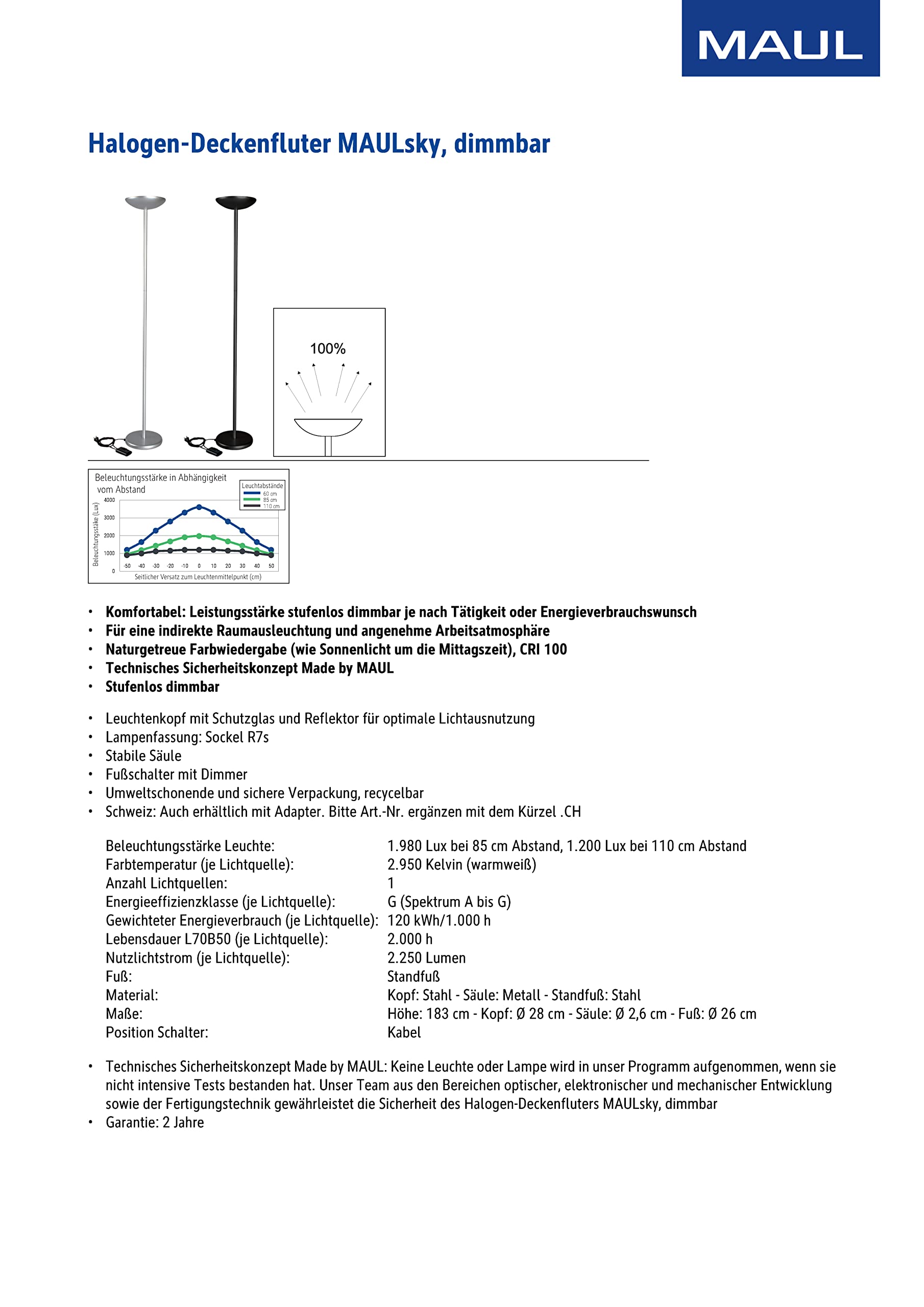 MAUL Stehlampe schwarz MAULsky Halogen dimmbar 183 cm fürs Büro | flexible Helligkeit, warmweißes indirektes Licht, natürliche Farbwiedergabe, austauschbare R7s-Lichtquelle, stabiler Standfuß