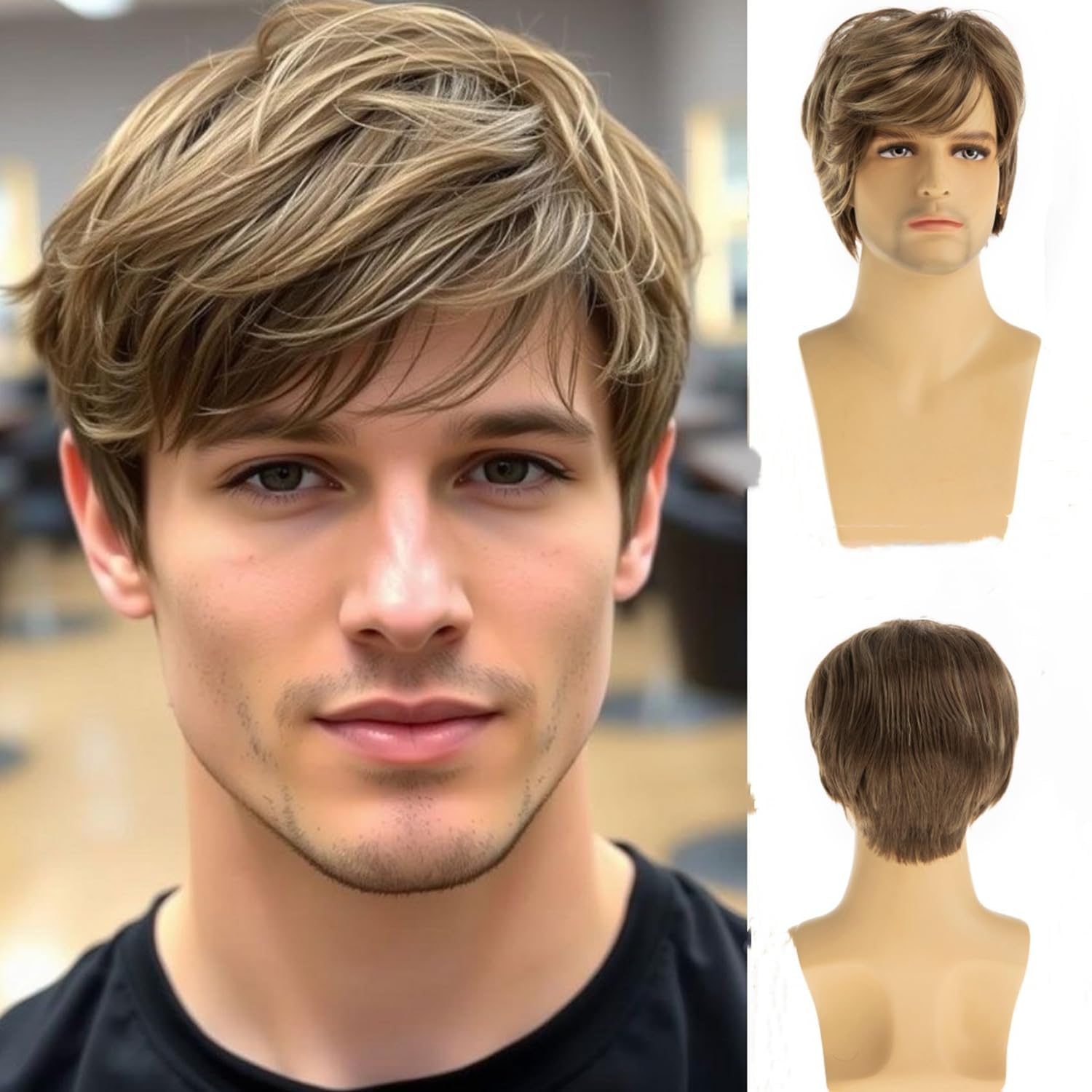 Dsimeig Mens Blonde Wig Short Straight Synthetic Blonde Mixed Brown Hair Wigs for Male Guy Daily Wear Anime Costume Halloween Cosplay Party