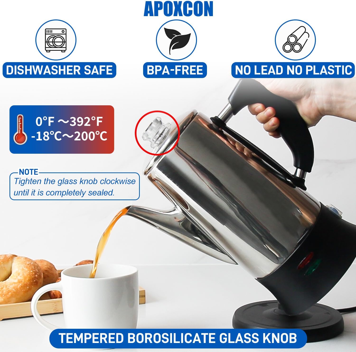 Electric Coffee Percolator Stainless Steel Coffee Maker with Heat Resistant Tough Glass Clear Brew Progress Knob, Classic Coffee Pot with Keep Warm Cordless Serve Cool Touch Handle 12 Cup