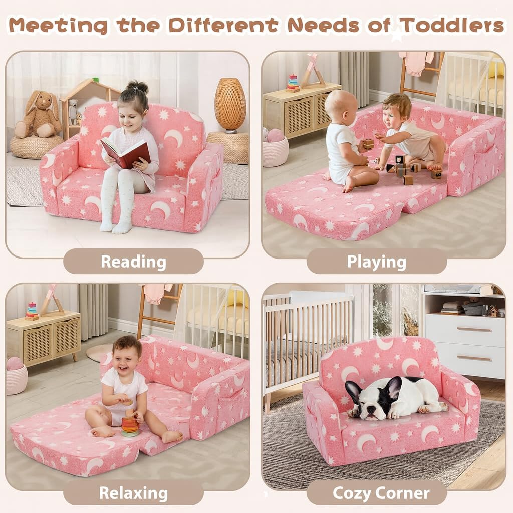 Extra Wide Kids Couch, Kids Sofa, Toddler Sofa, Glow in The Dark, 2-in-1 Soft Toddler Couch with Blanket and Pillow, Moon Style, Pink - Image 6
