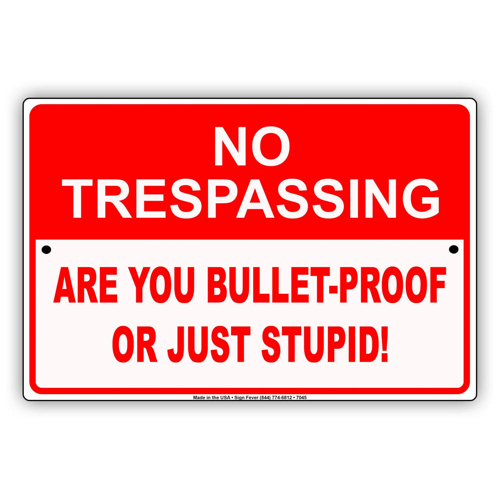 Humorous Security Novelty Metal Tin Sign, No Trespassing Are You Bullet-Proof Yard Garage Wall Decor, 12x8 Inches Aluminum