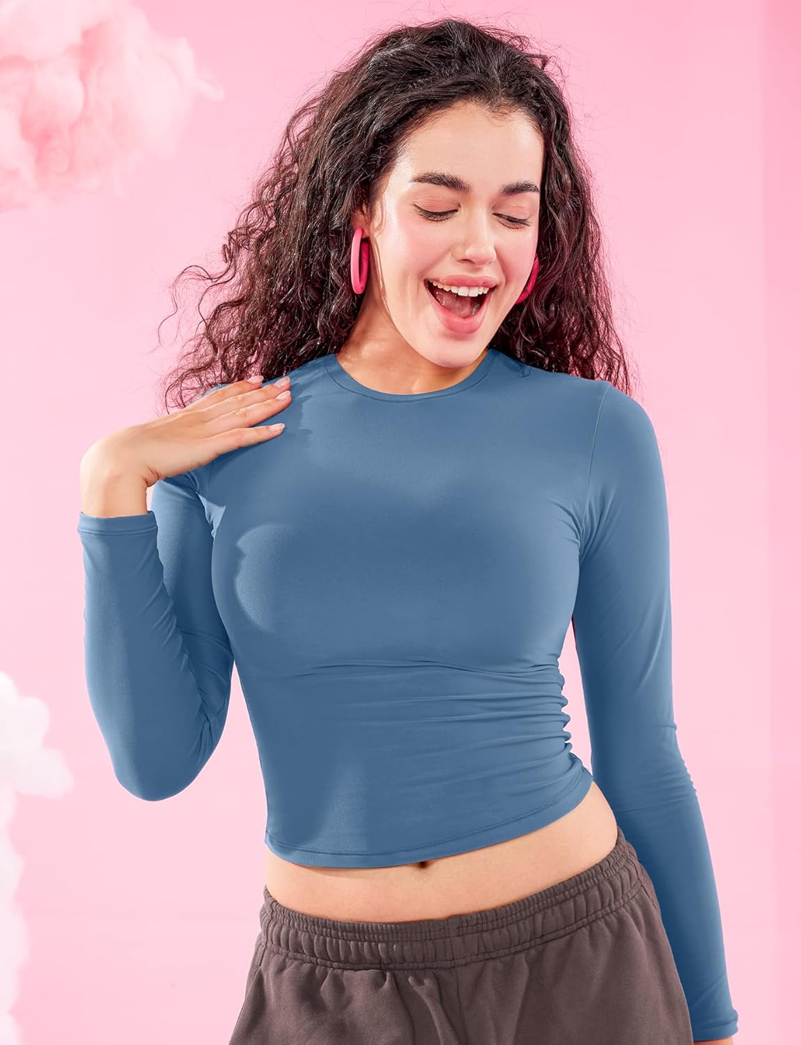 YEOREO Long Sleeve Shirts for Women y2k Tops Double Lined Basic Tee Crew Neck Going Out Sweeney Workout Undershirt - Image 3