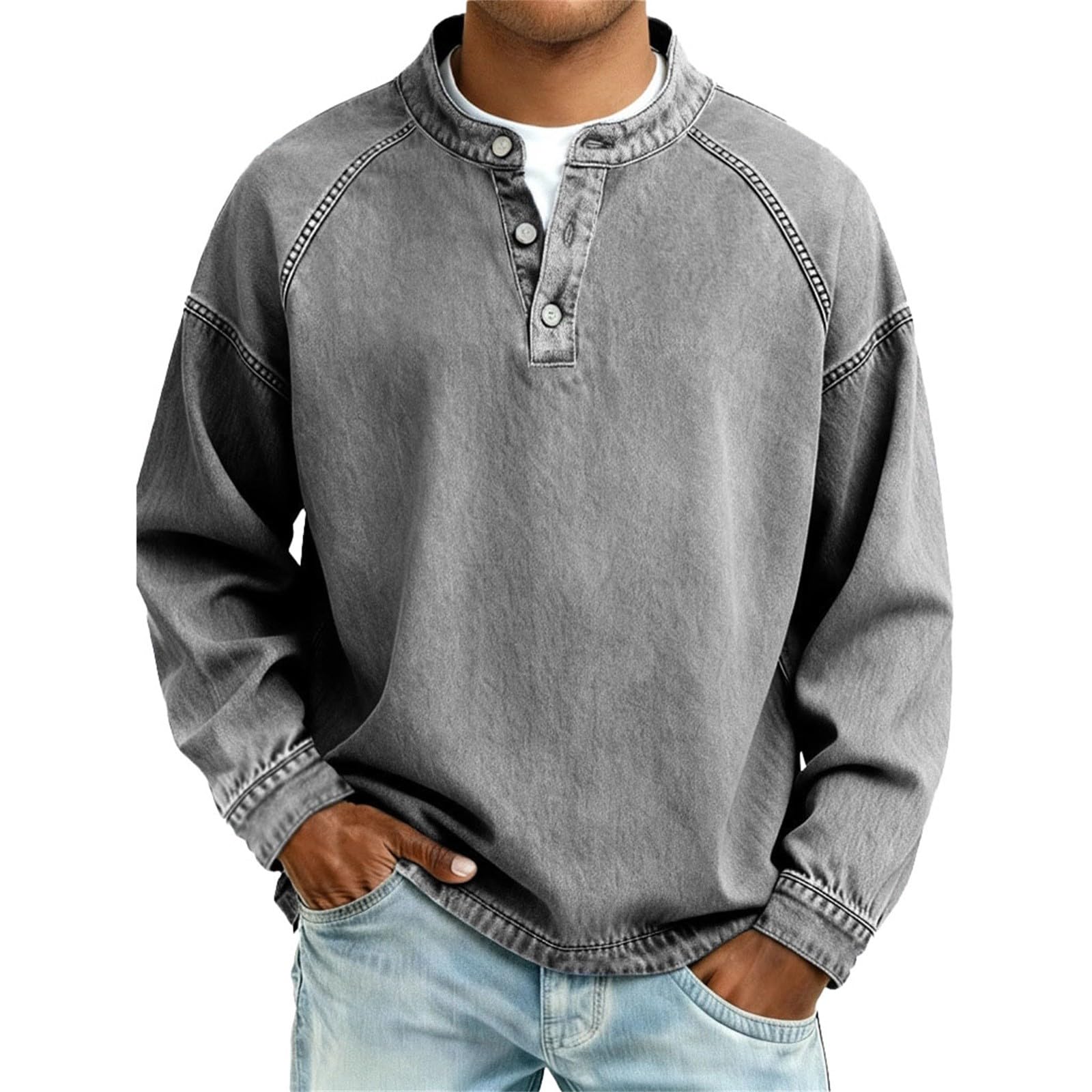 Henley - Maglietta da uomo a maniche lunghe con scollo rotondo, vintage, a maniche lunghe, traspirante, confortevole