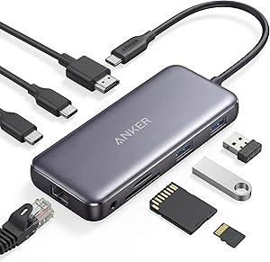 Anker 8-in-1 USB-C Hub, PowerExpand USB-C Adapter, 100W Power Delivery, 4K 60Hz HDMI, 10Gbps USB-C and 2 USB-A Data Ports, Ethernet Port, MicroSD and SD Memory Card Reader, for MacBook Pro and More