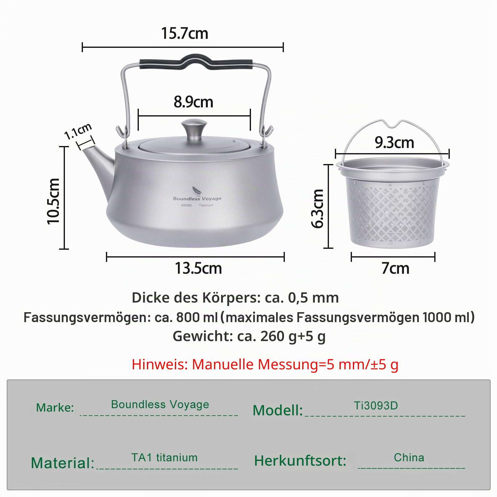 iBasingo 800ml Wasserkessel Camping Titan Teekessel mit Infusor für Losen Tee Kaffee Teekanne für Gaskocher mit Filter & Klappgriff Outdoor Ultraleicht Tragbare Metall Wasserkocher Ti3093D